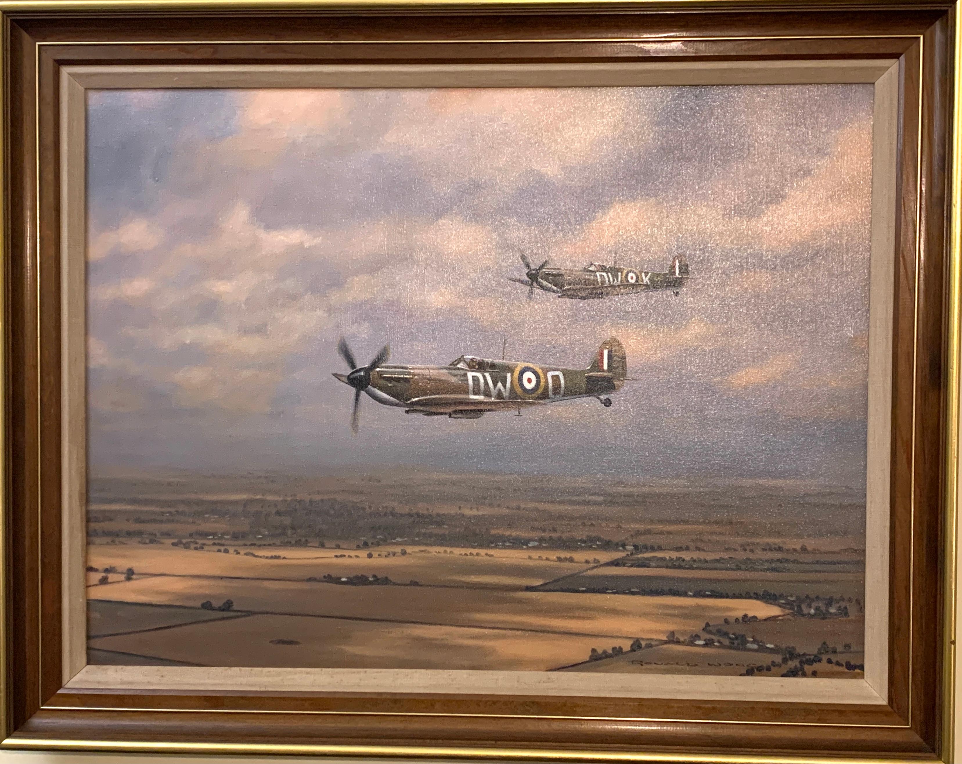 Roland Wong Figurative Painting - Two British Spitfires flying over the English landscape, 20th century 