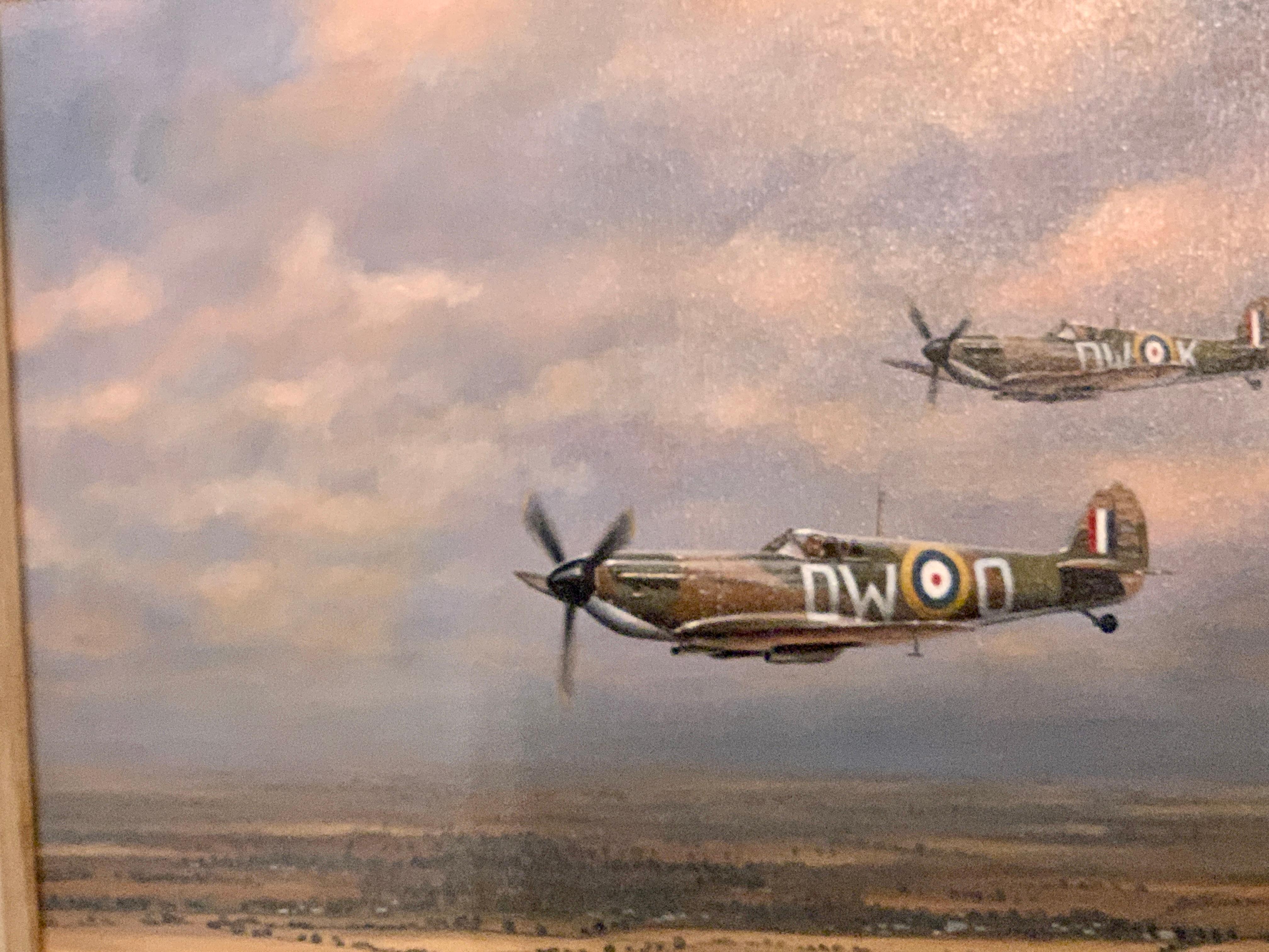 Two British Spitfires flying over the English landscape, 20th century  - Realist Painting by Roland Wong