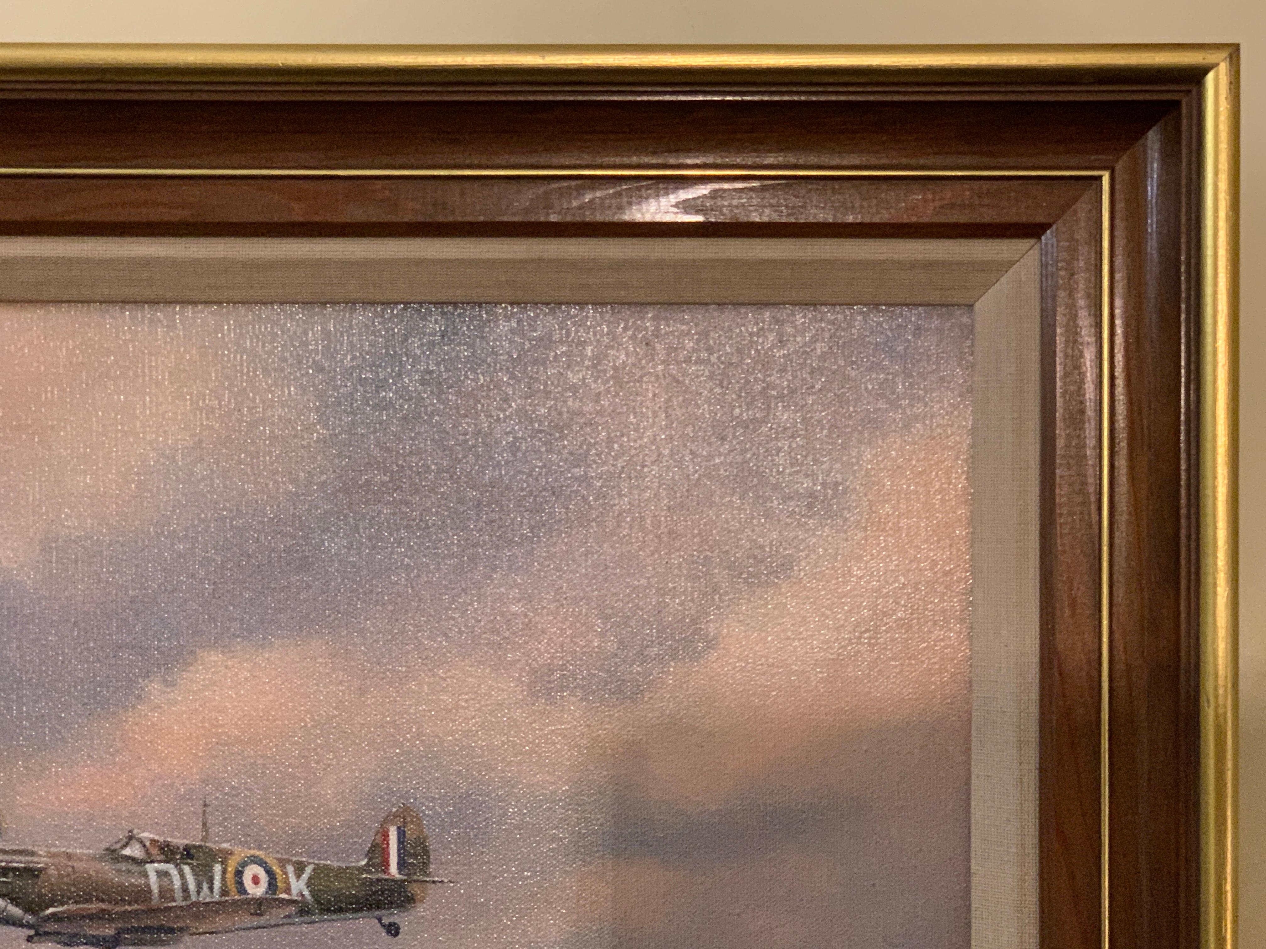 Two British Spitfires flying over the English landscape, 20th century  - Brown Figurative Painting by Roland Wong