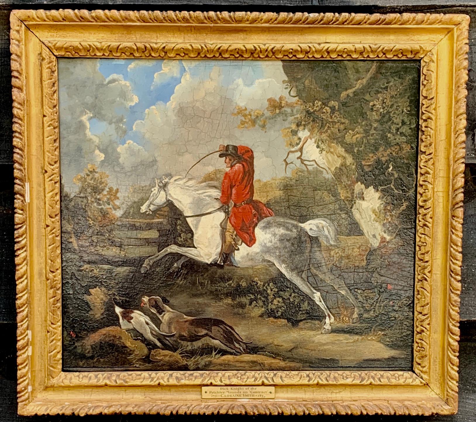 Charles Loraine Smith Animal Painting - English 18th century Fox hunting landscape, with Dick Knight and Pytchley Hounds