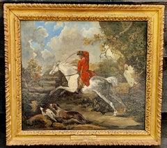 Antique English 18th century Fox hunting landscape, with Dick Knight and Pytchley Hounds