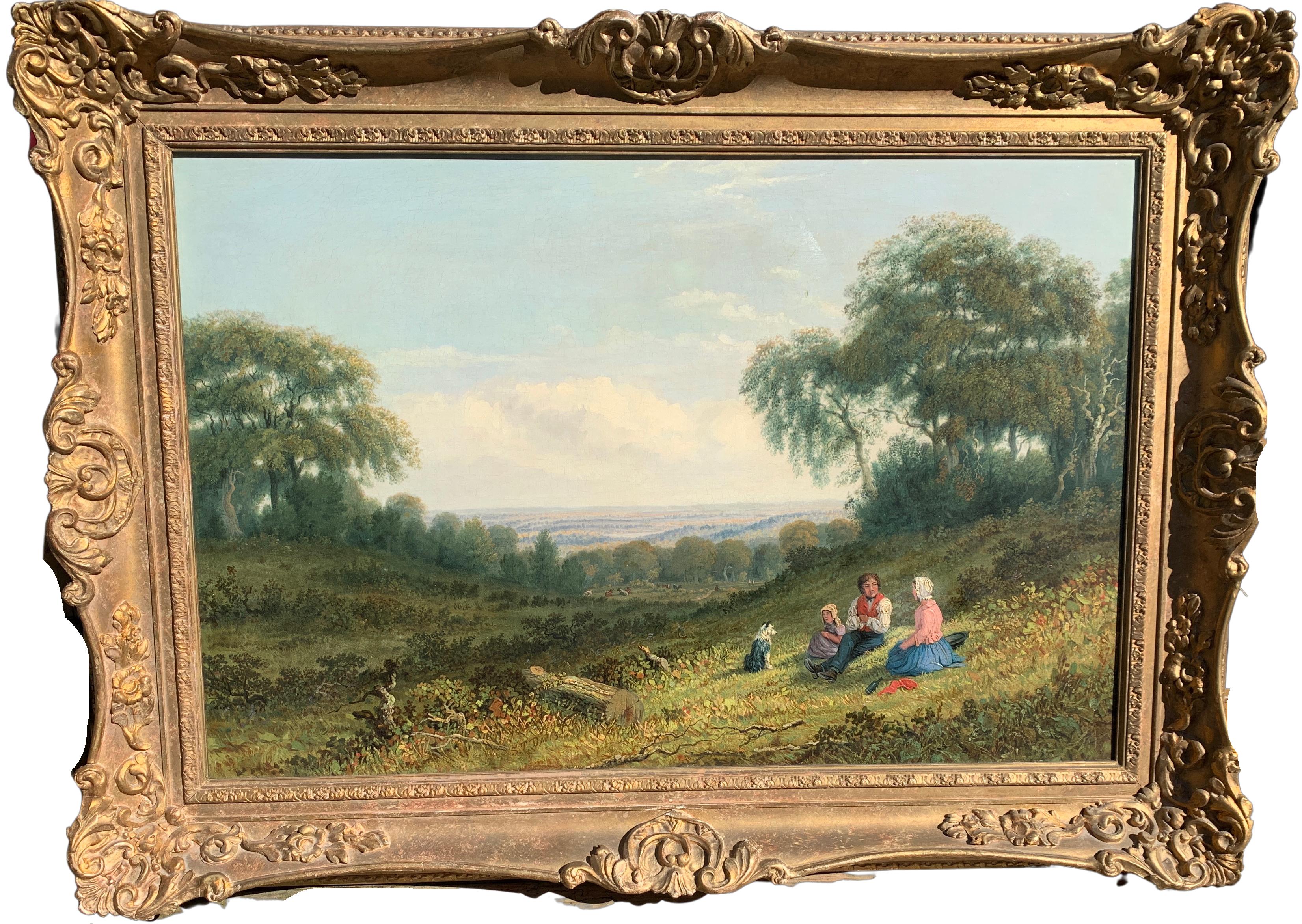 S.T.Davis Figurative Painting - English country landscape with family resting with pet dog, 19th century oil. 