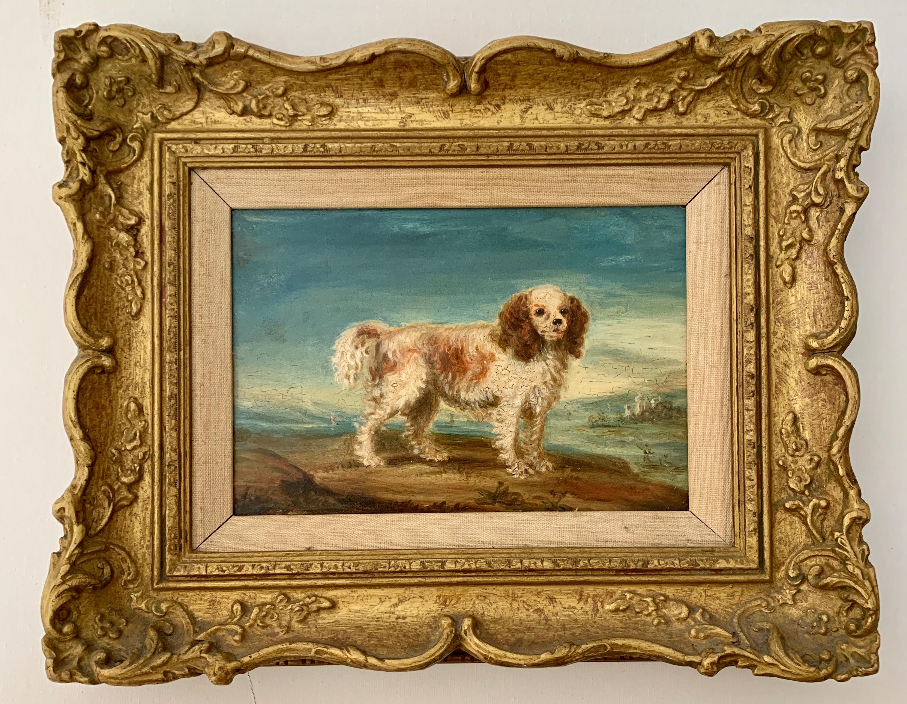 English 19th century folk art portrait of an English spaniel dog in a landscape