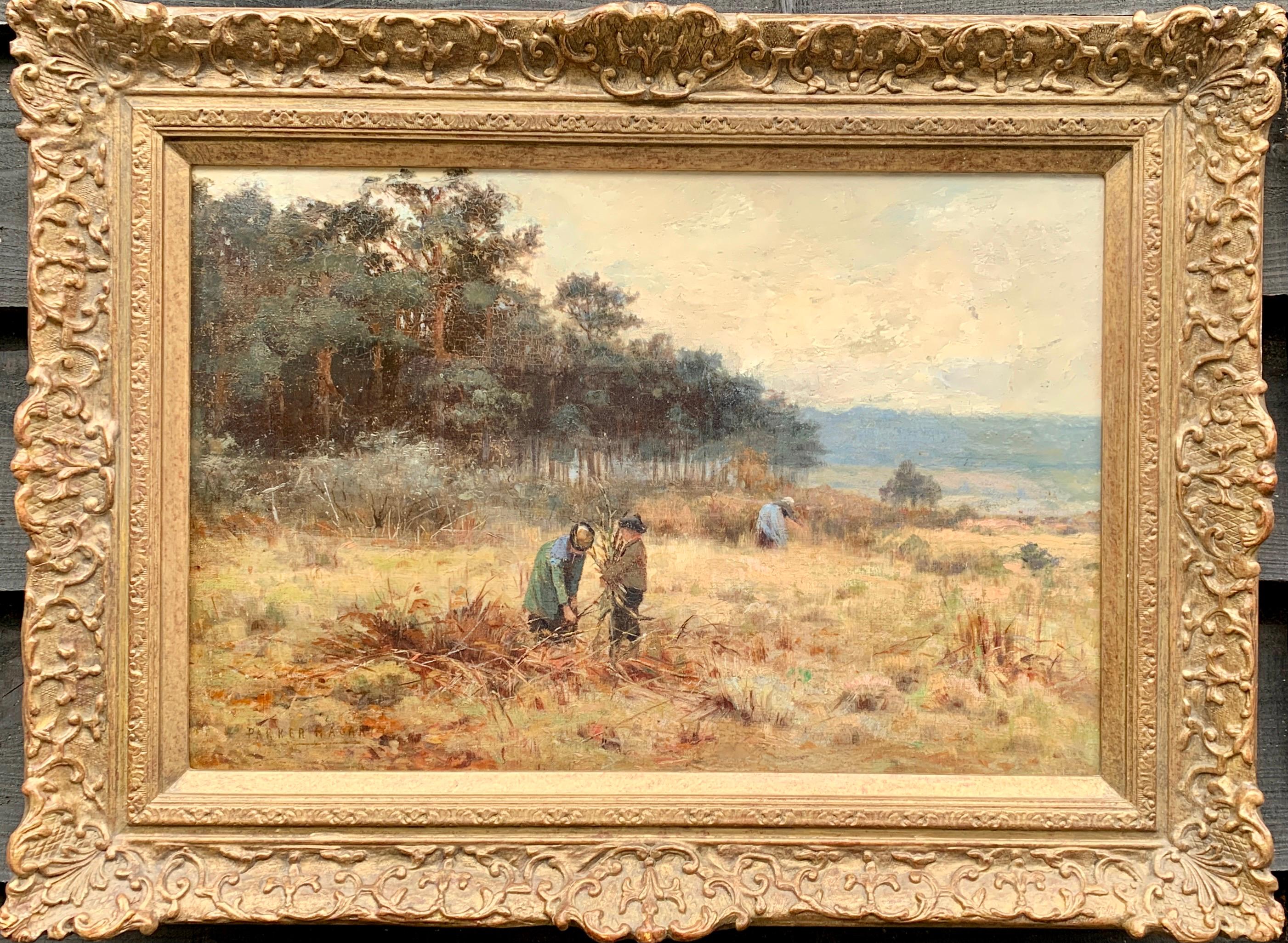Parker Hagerty Landscape Painting - English late 19th century Fall or Autumn landscape with figures collecting wood