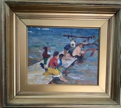 Russian mid century Impressionist figures on a pier by some water