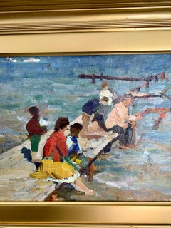 Figures impressionnistes russes du milieu du siècle dernier sur un perchoir près d'une eau