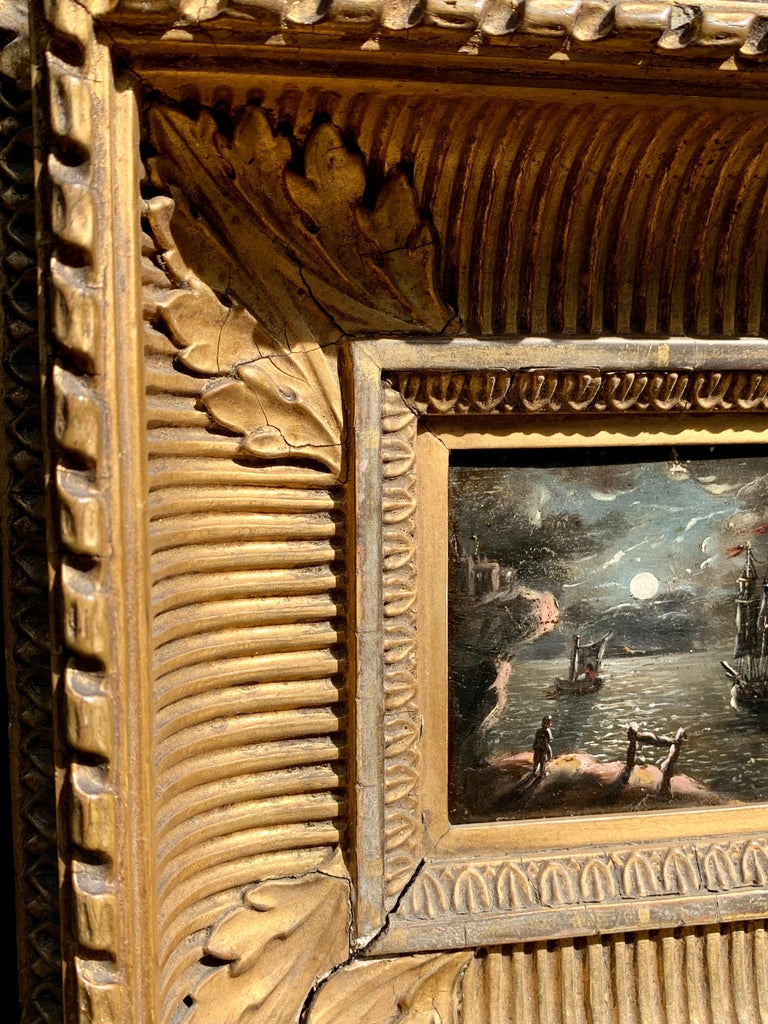 A French or Flemish 18th-century interesting Moonlight scene, of shipping at sea.

Influenced by the work of Claude Vernet the painter has produced a very high-quality piece.

Combined with the most outstanding frame this piece is an amazing Antique