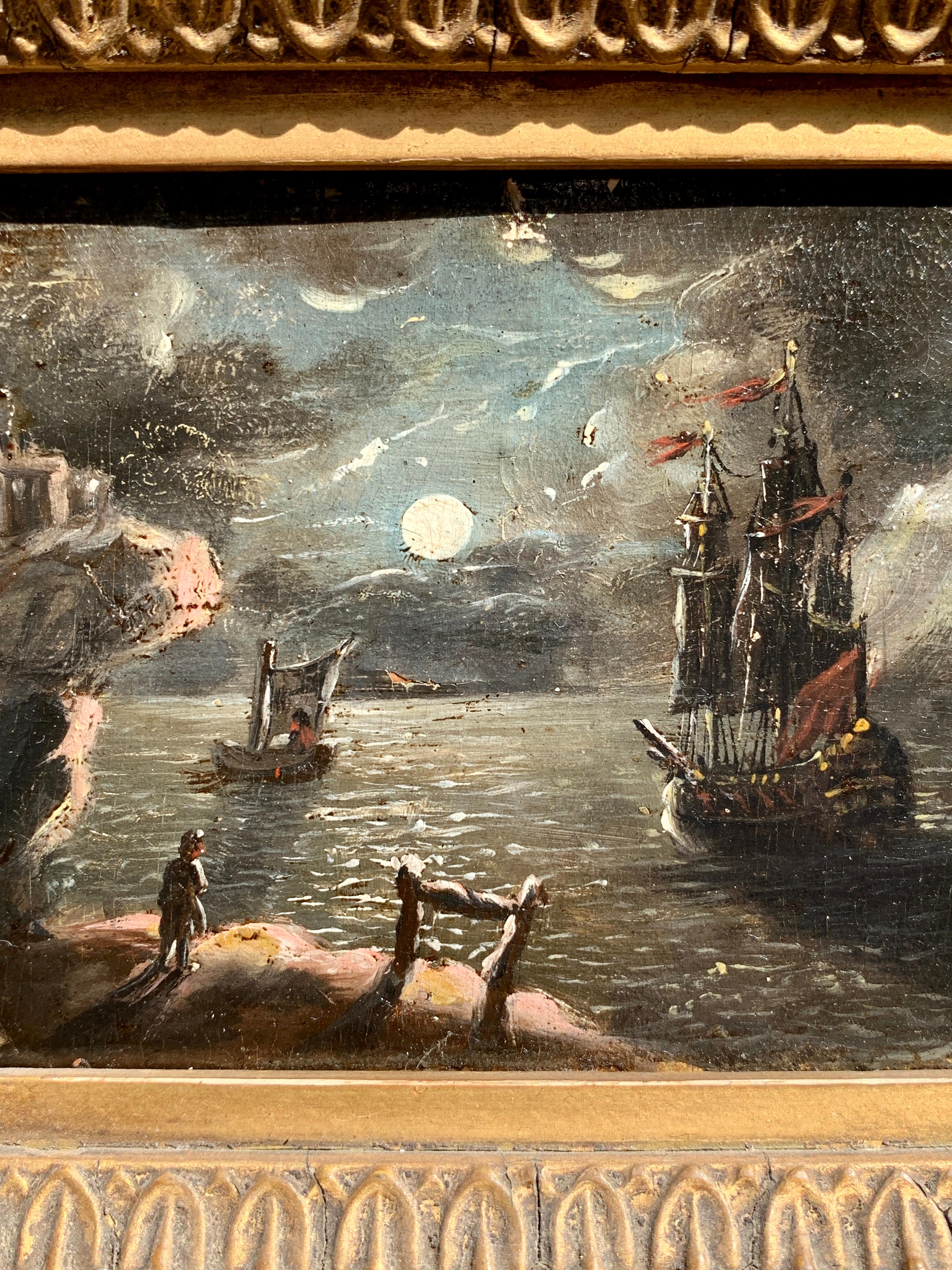 Old master, French/Flemish Night time scene of a ships at sea during a full moon - Old Masters Painting by Unknown