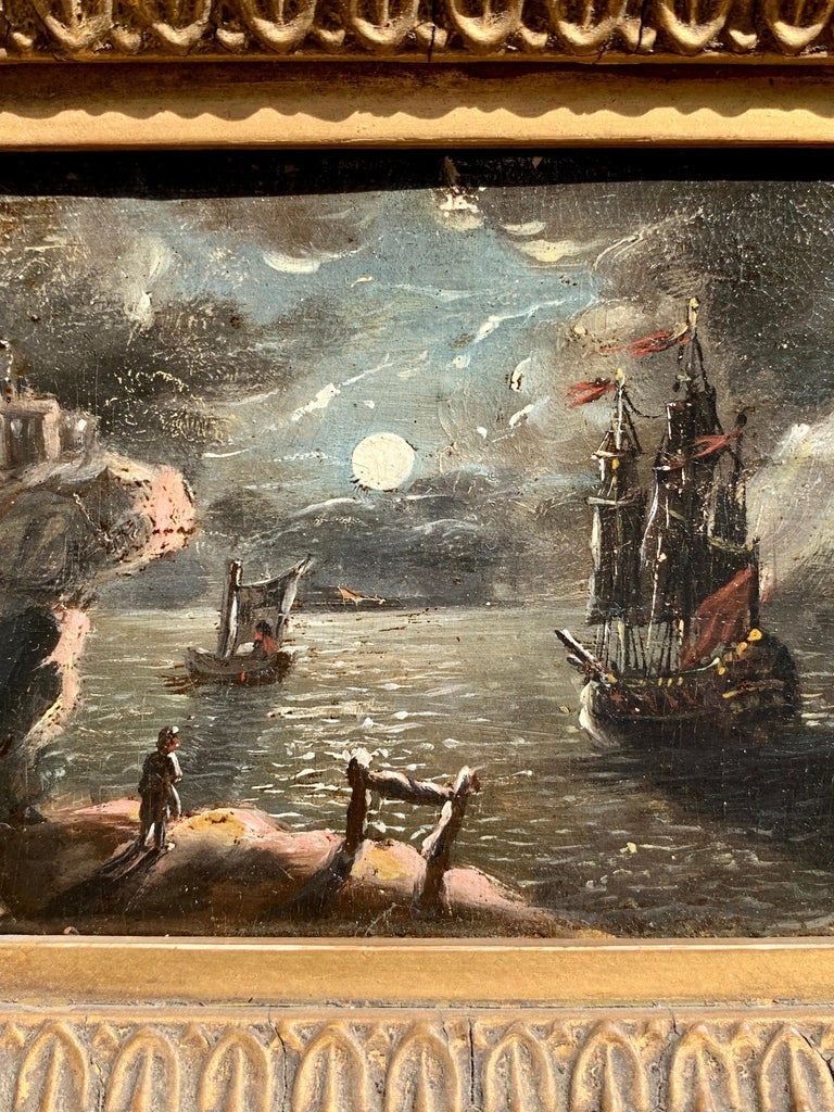 Old master,French/Flemish Night time scene of a ships at sea during a full moon For Sale 1
