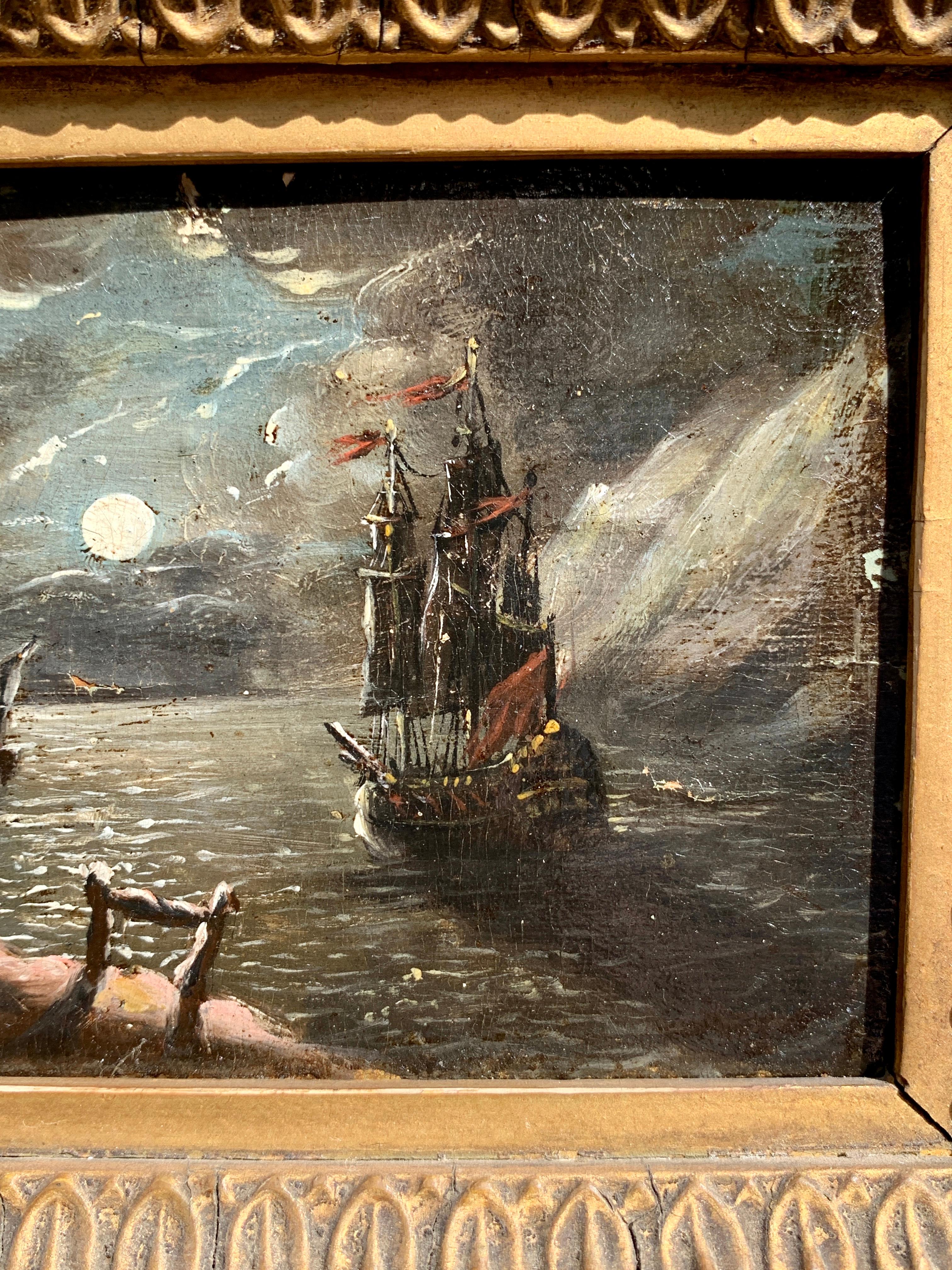Old master, French/Flemish Night time scene of a ships at sea during a full moon - Brown Figurative Painting by Unknown