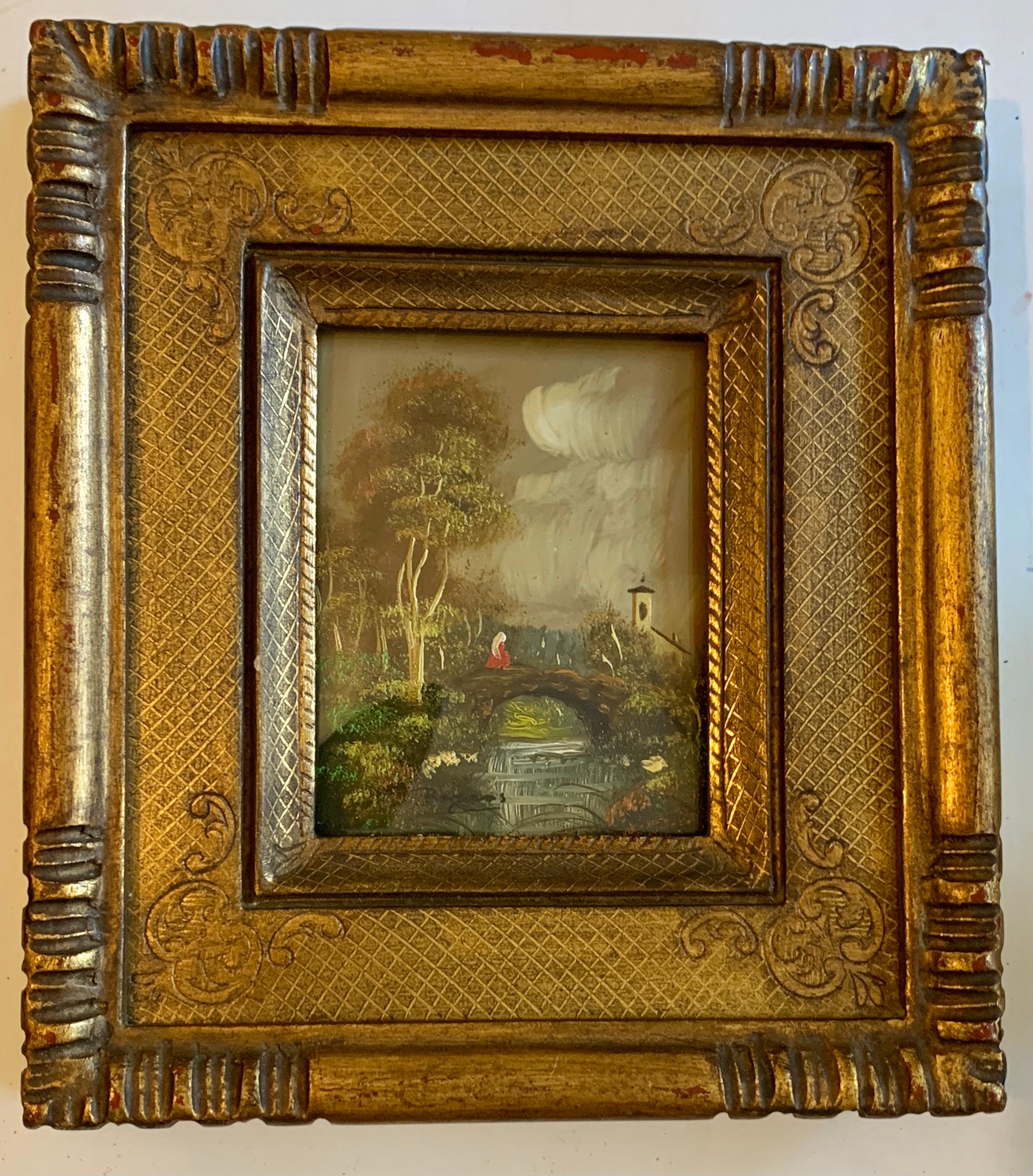 Cinque paesaggi italiani ad olio della metà del XX secolo con figure, castelli e chiese - Painting di Unknown