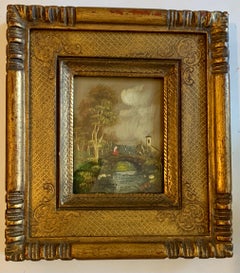 Cinque paesaggi italiani ad olio della metà del XX secolo con figure, castelli e chiese