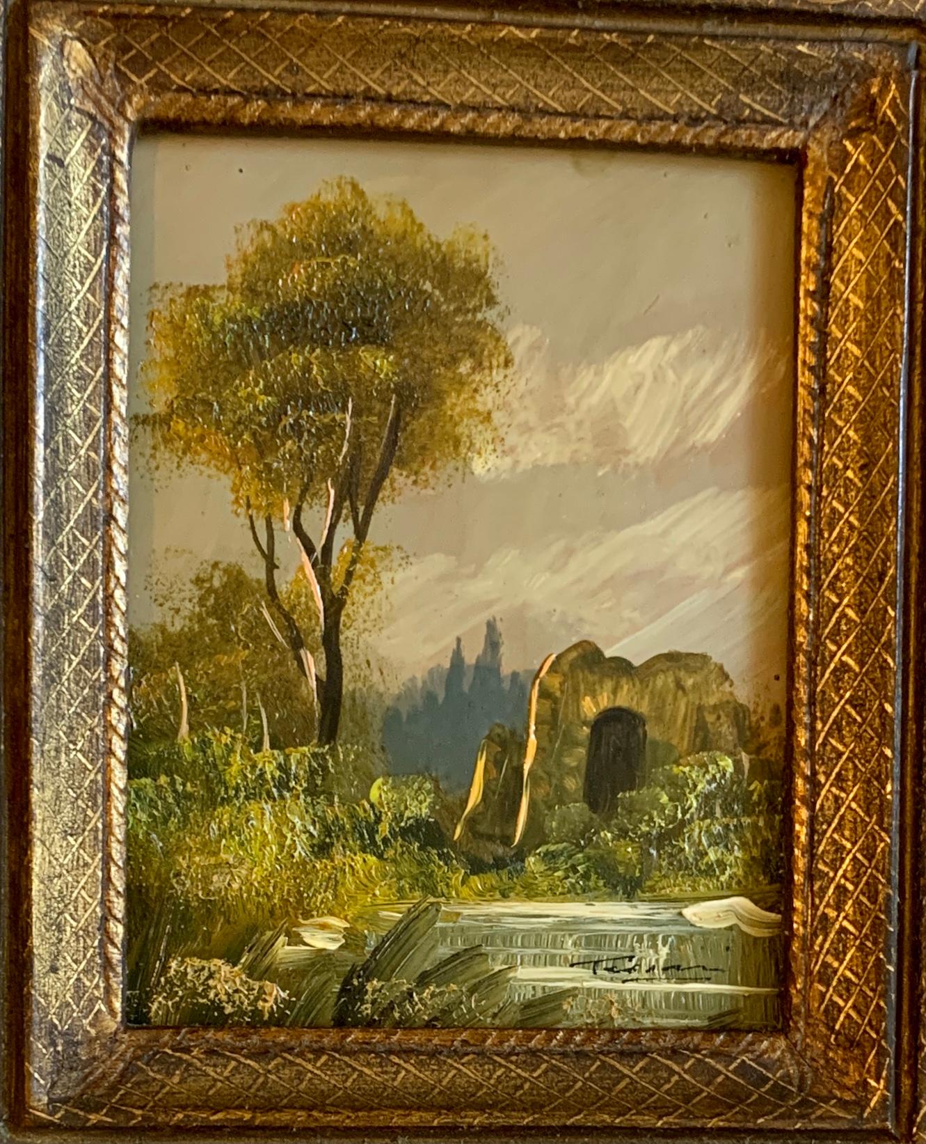  Five mid 20th century Italian oil landscapes with figures, castles, Churchs - Old Masters Painting by Unknown