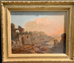 Italian early 18th century Herdsman with cows passing ruins and landscape