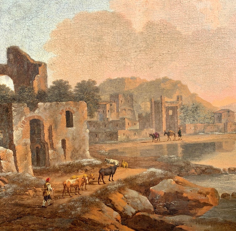 Italian early 18th century Herdsman with cows passing ruins and landscape - Painting by Unknown