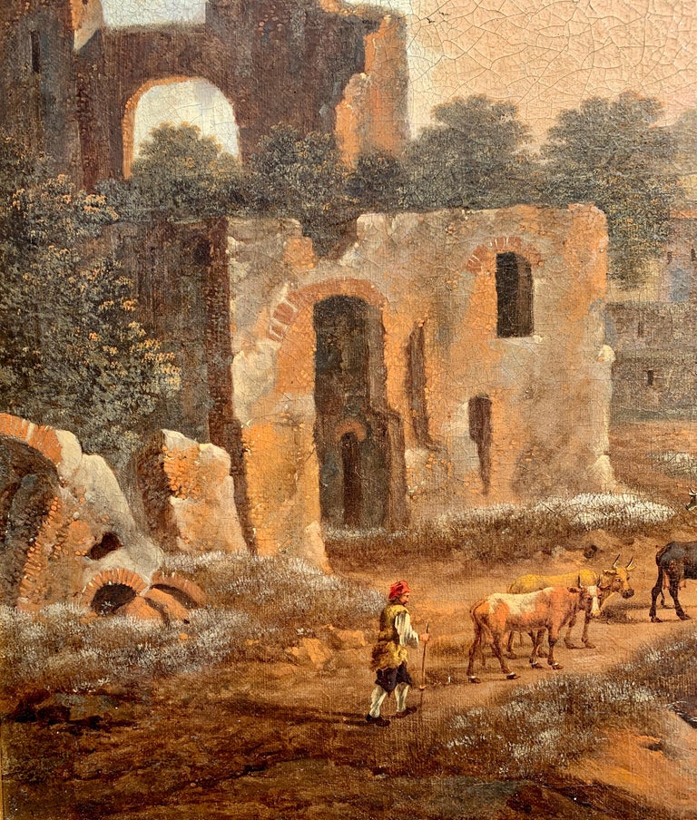 Italian early 18th century Herdsman with cows passing ruins and landscape - Old Masters Painting by Unknown