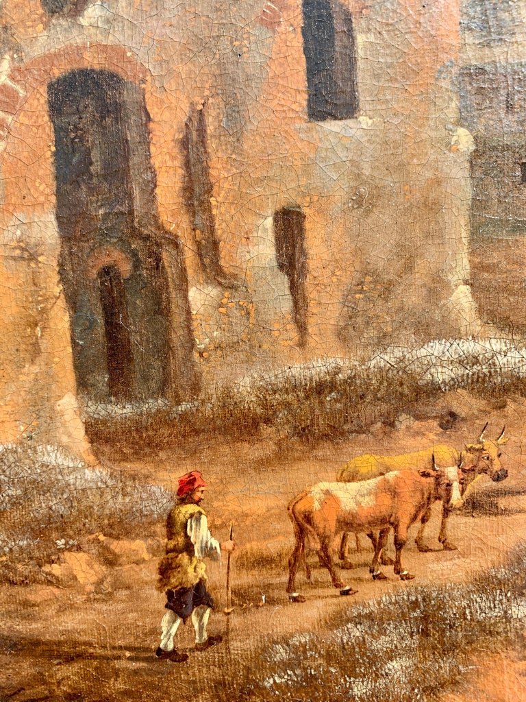 Italian early 18th century Herdsman with cows passing ruins and landscape - Brown Landscape Painting by Unknown