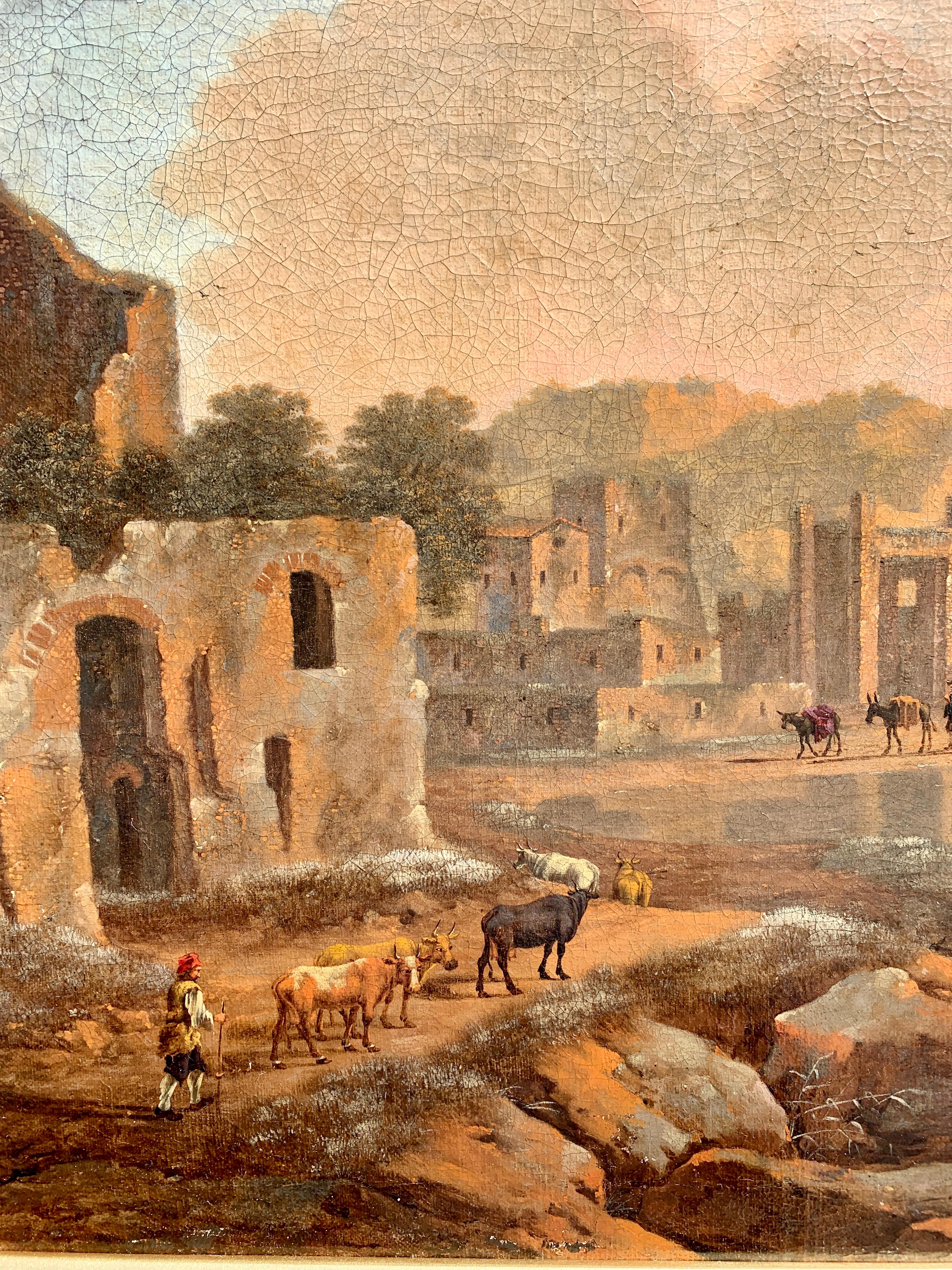 Italian early 18th century Herdsman with cows passing ruins and landscape 4
