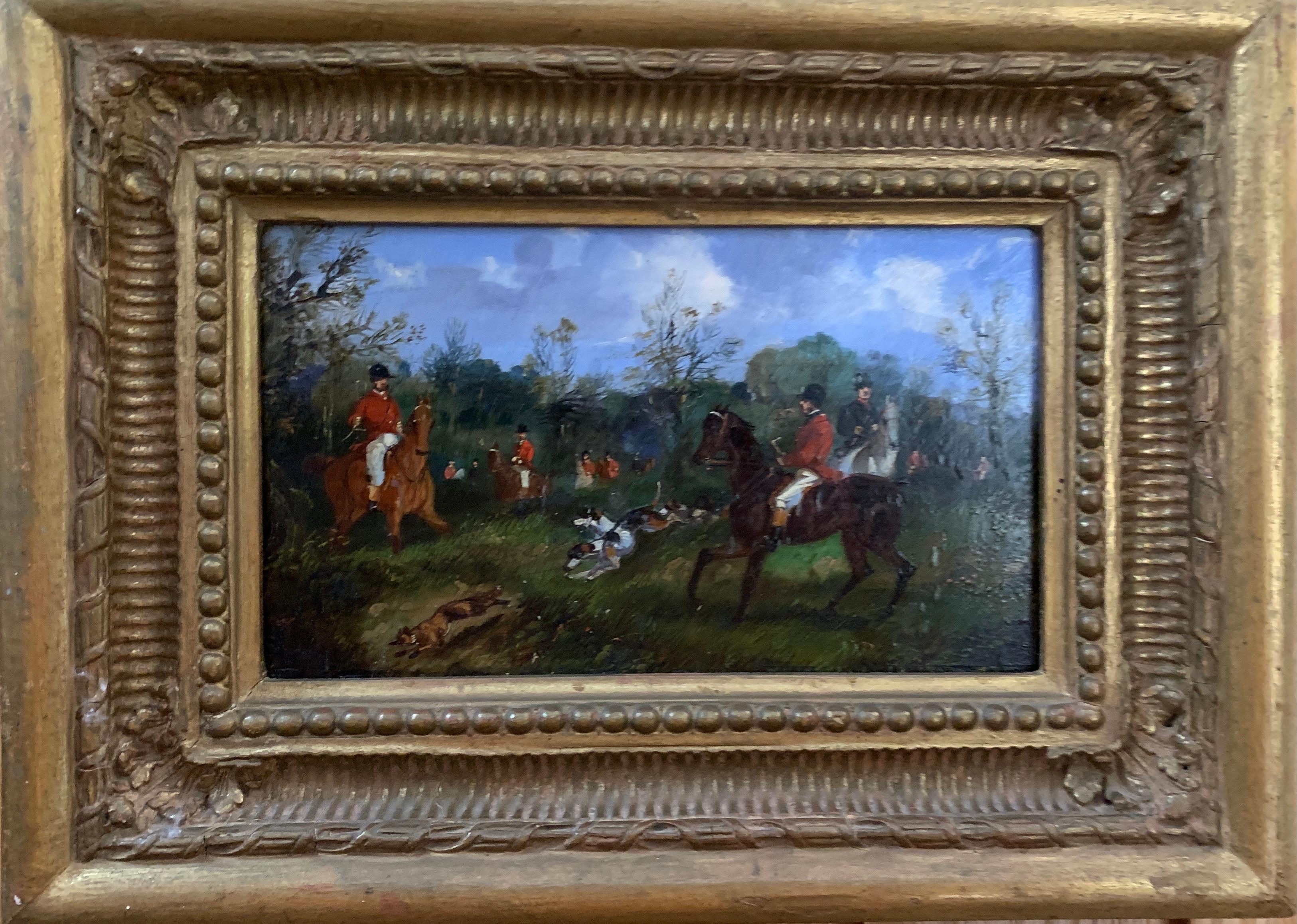 Oil Painting, Antique 19th century Fox hunting with hounds in a landscape horses