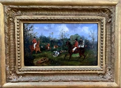 Oil Painting, Antique 19th century Fox hunting with hounds in a landscape horses