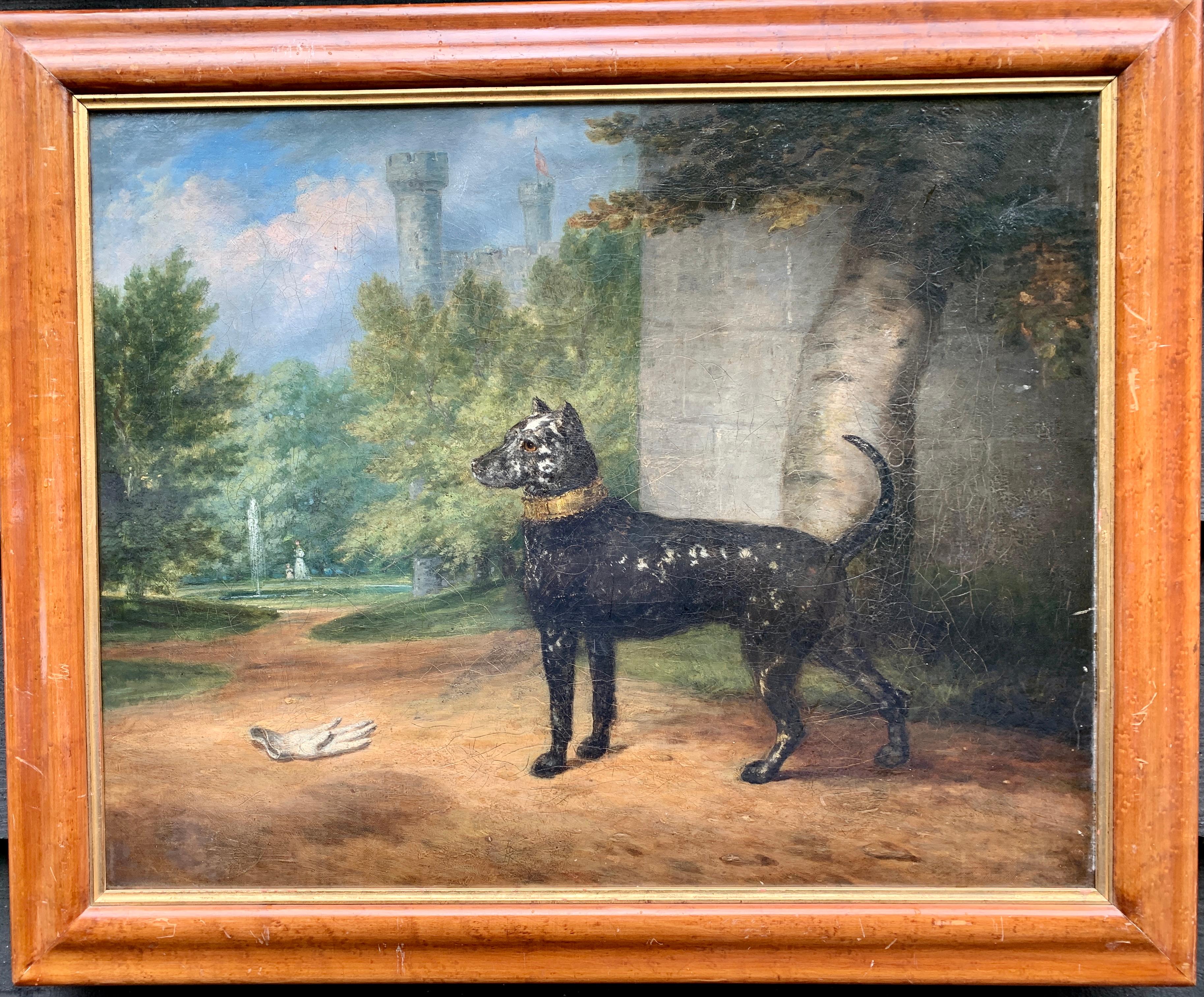 Antique Oil painting of an English back and white dog, folk art in a landscape