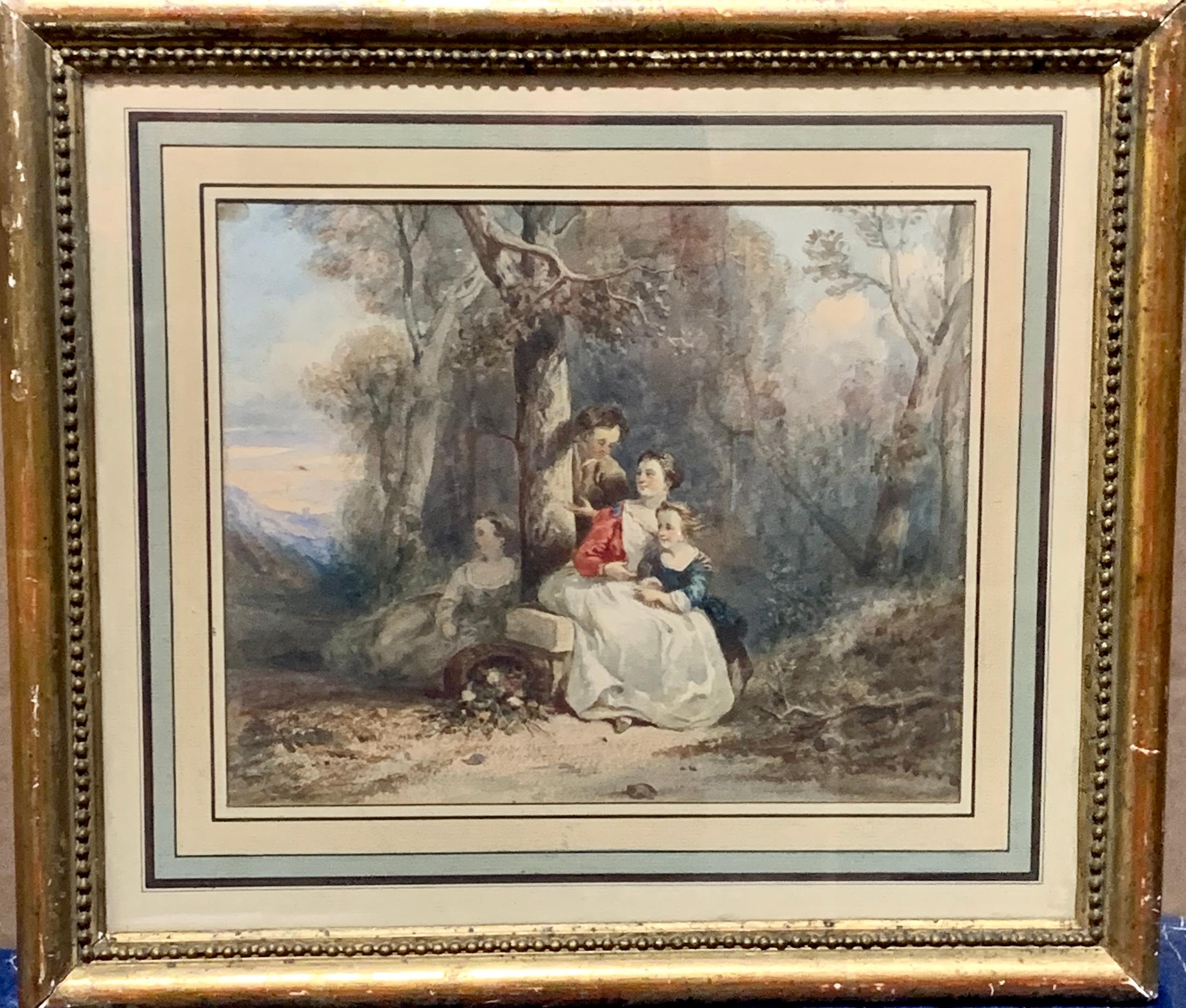 Unknown Landscape Art - Early 19th century French watercolor of figures in a wooded landscape