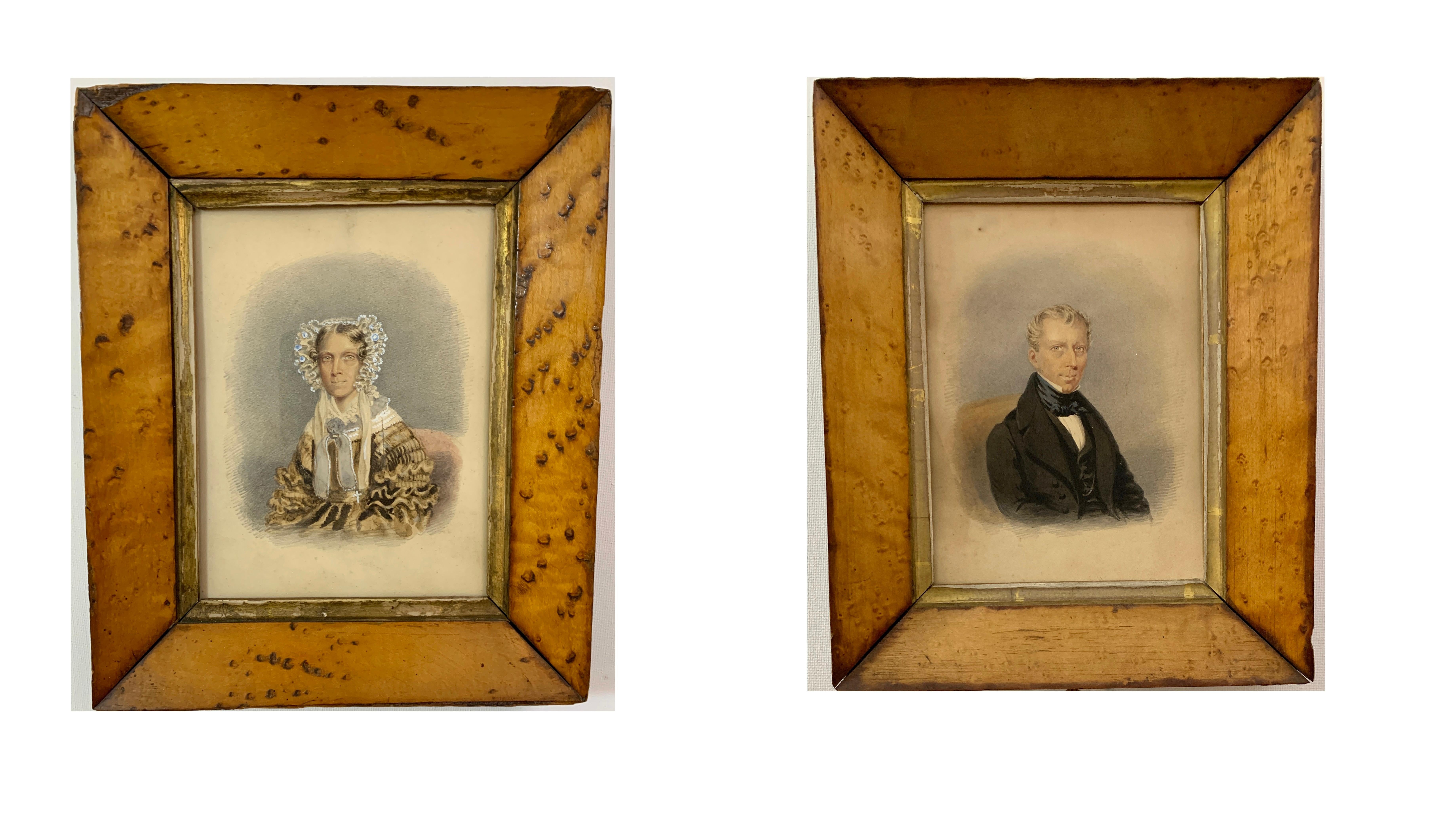 19th Century English School Portrait Painting - Pair of 19th century English Antique watercolor portraits of a man and woman, 
