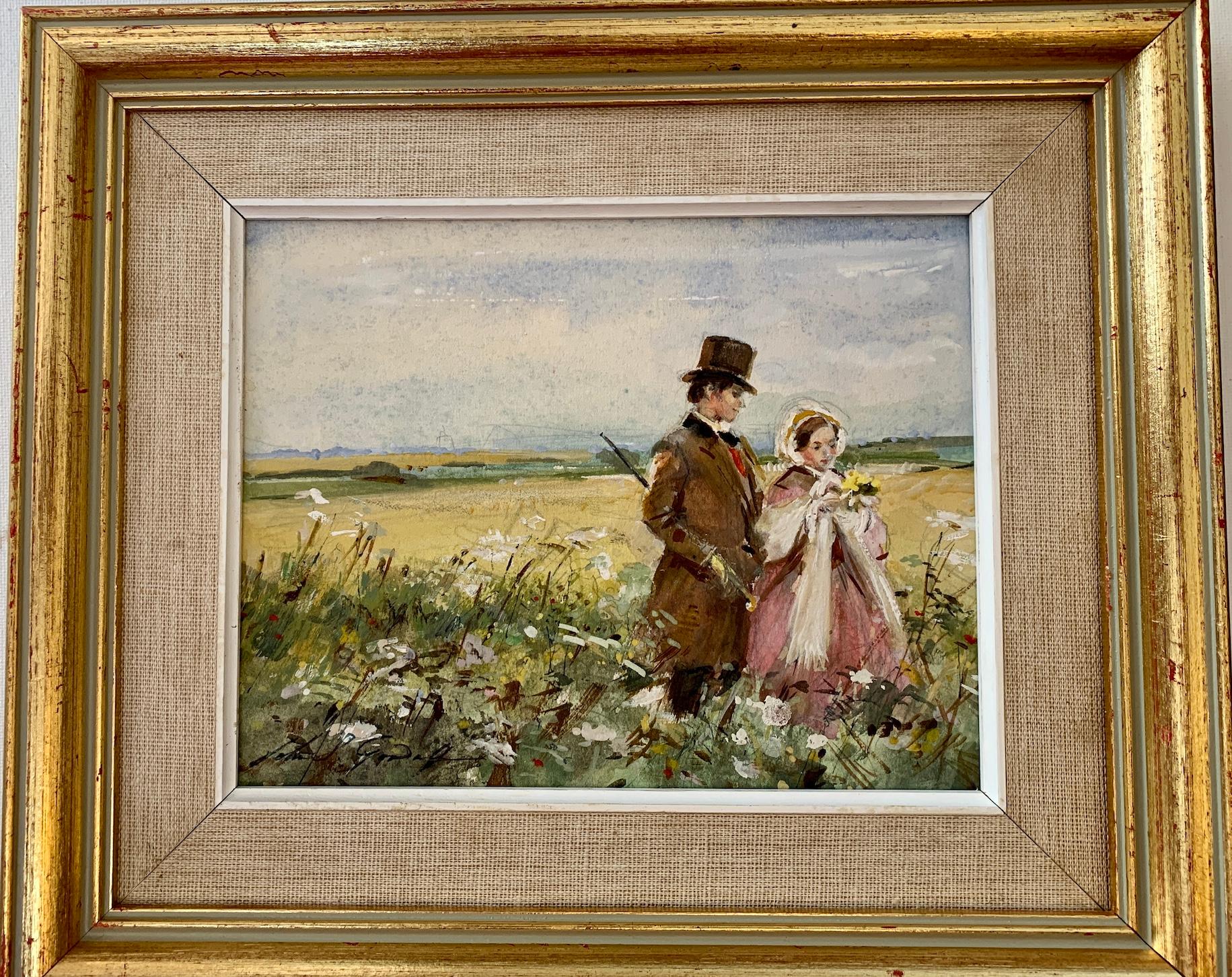 John Strickland Goodall Landscape Art - Courtship,  British Couple walking in a landscape in Edwardian dress