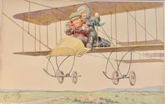 German late 19th century children flying in a plane in an early plane