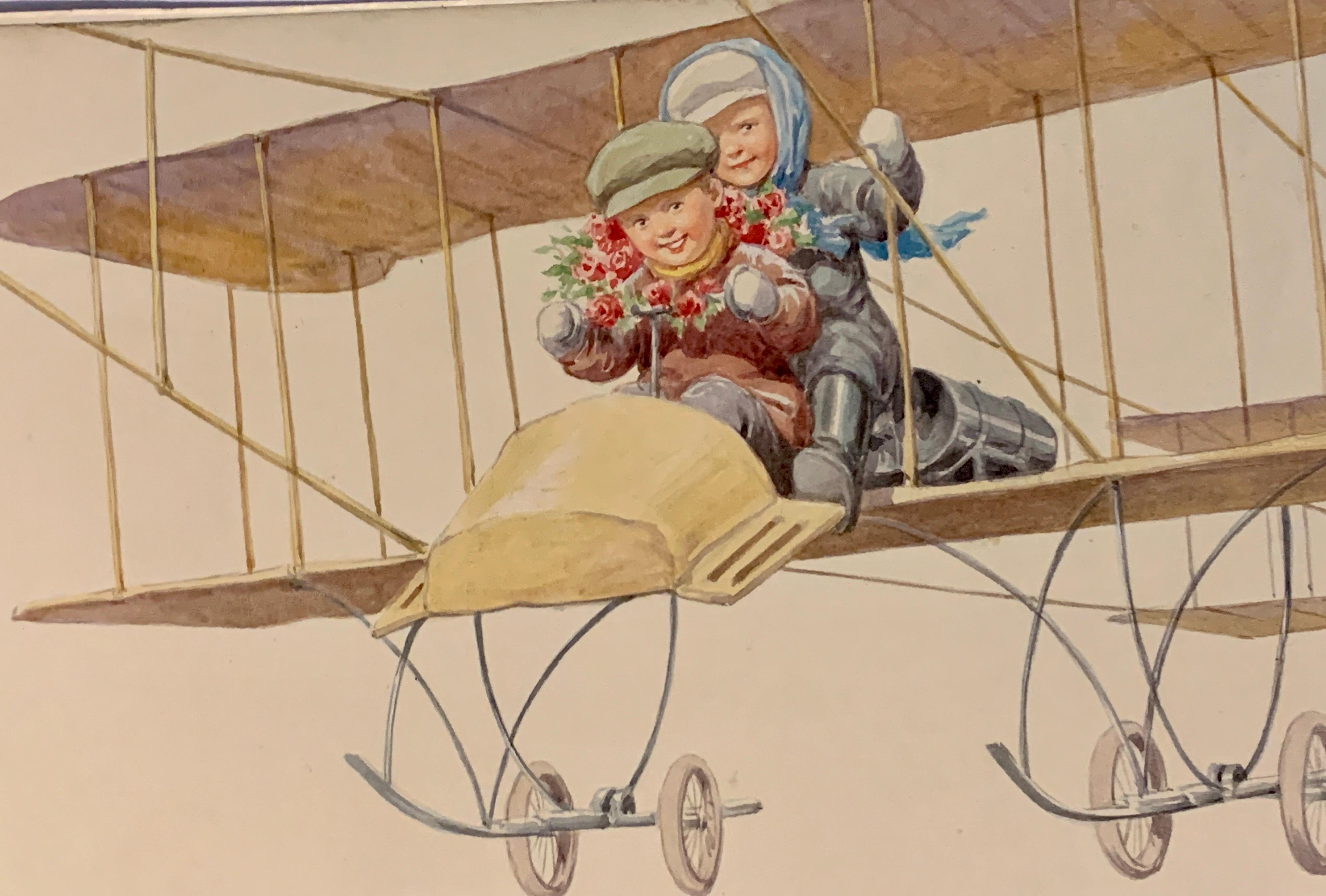 German late 19th century children flying in a plane in an early plane - Art by Karl Feiertag