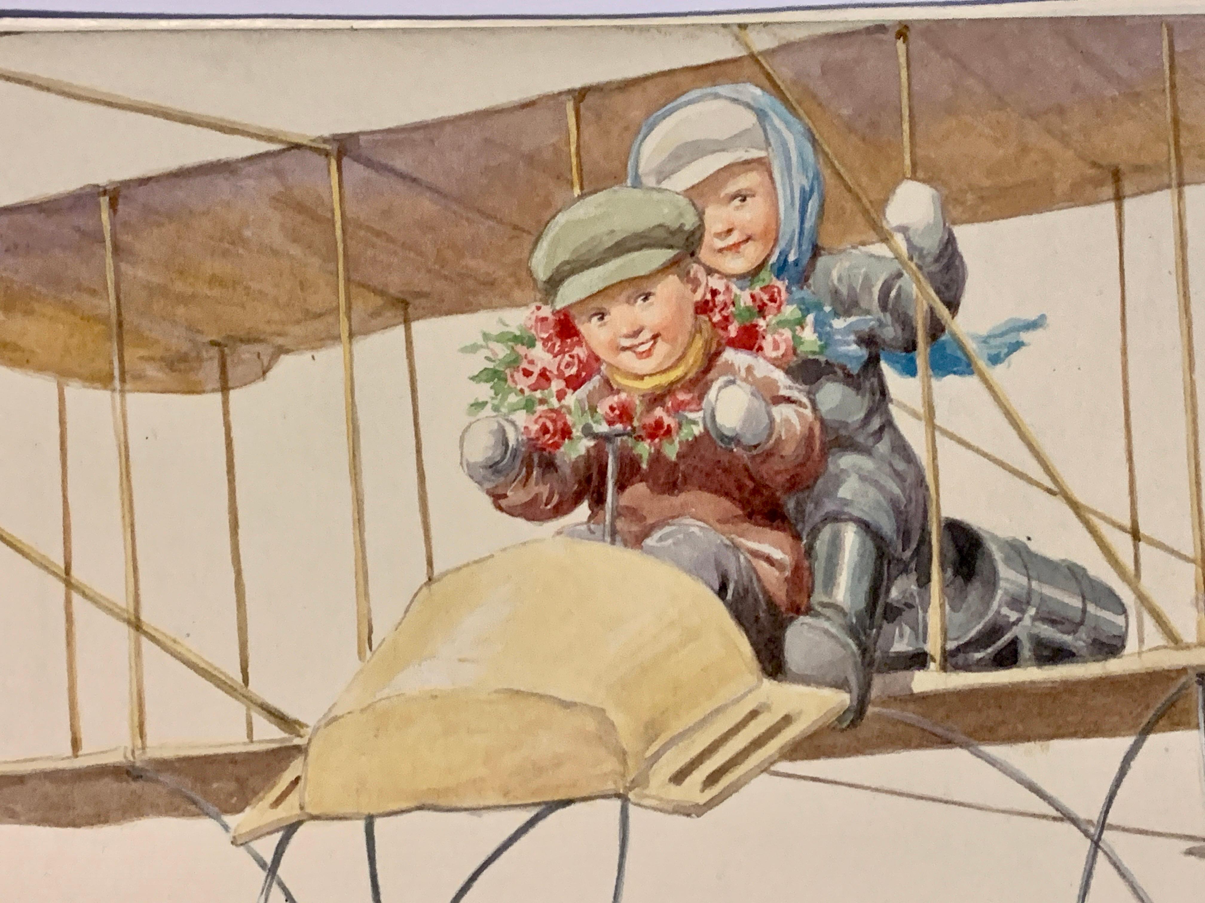 Deutsche Kinder aus dem späten 19. Jahrhundert, die in einem Flugzeug fliegen, (Beige), Landscape Art, von Karl Feiertag