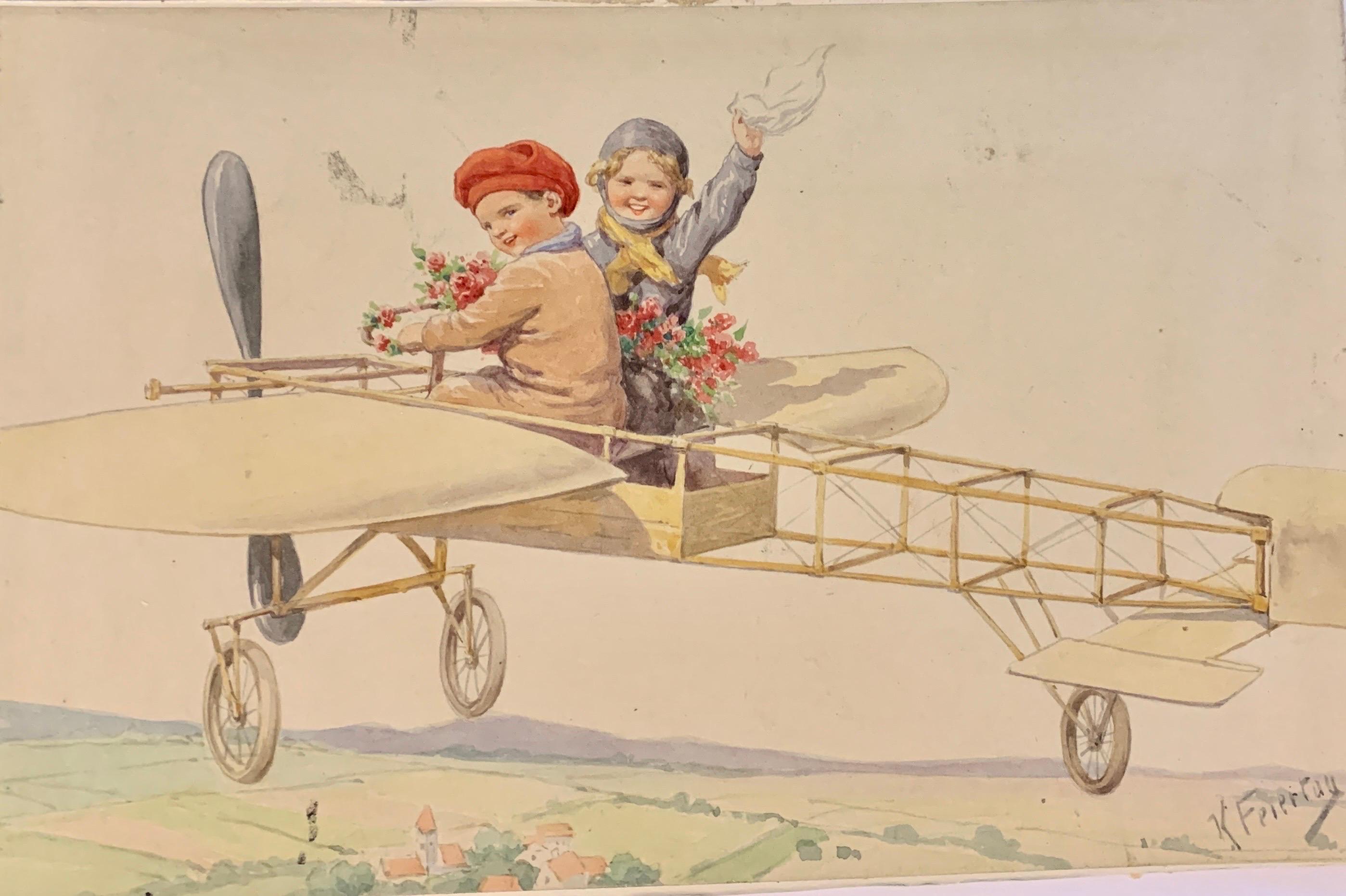 Deutsches Aquarell von Kindern, die in einem Flugzeug über einer Landschaft fliegen, aus dem 19. Jahrhundert  – Art von Karl Feiertag