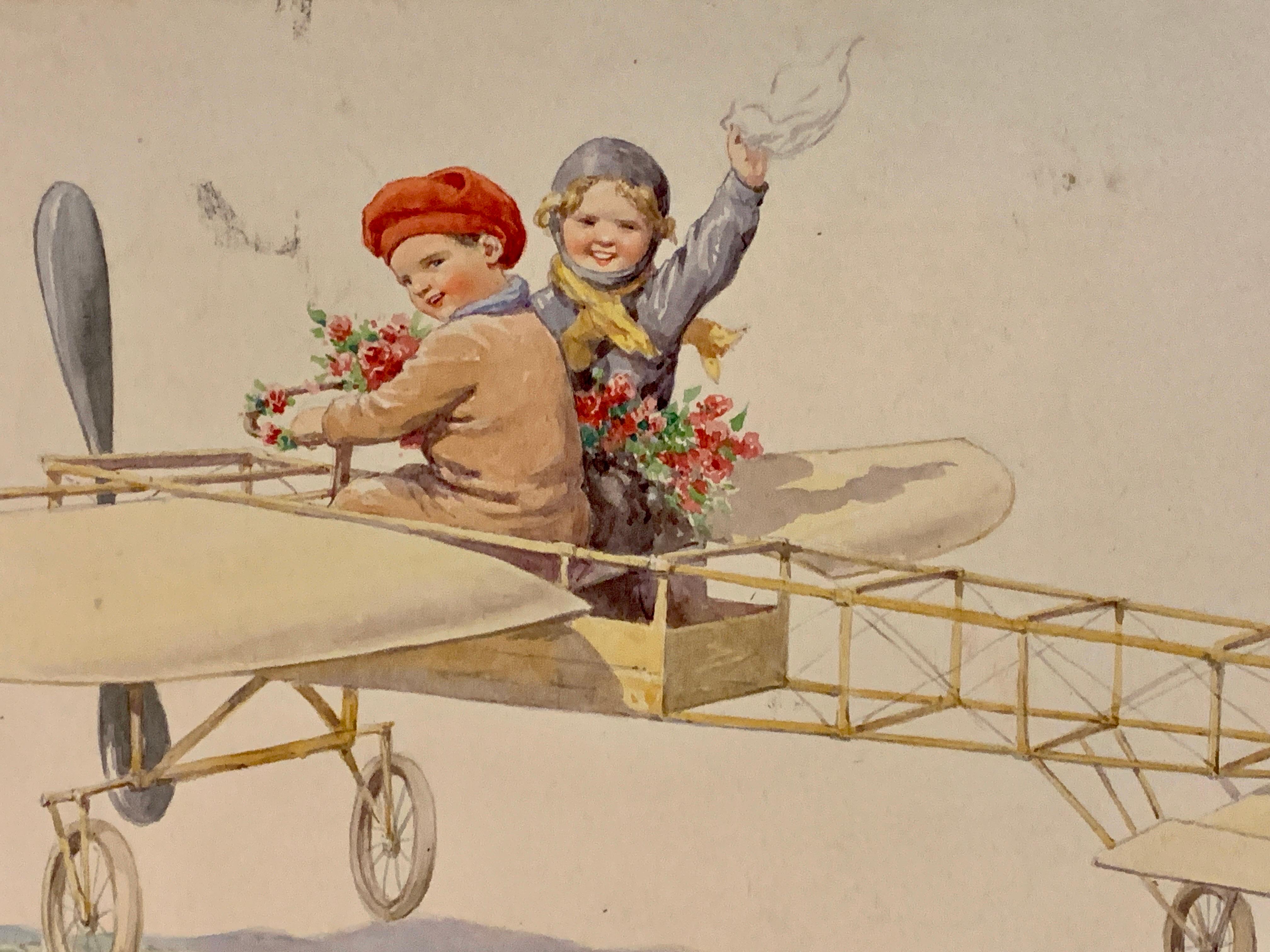 Deutsches Aquarell von Kindern, die in einem Flugzeug über einer Landschaft fliegen, aus dem 19. Jahrhundert 