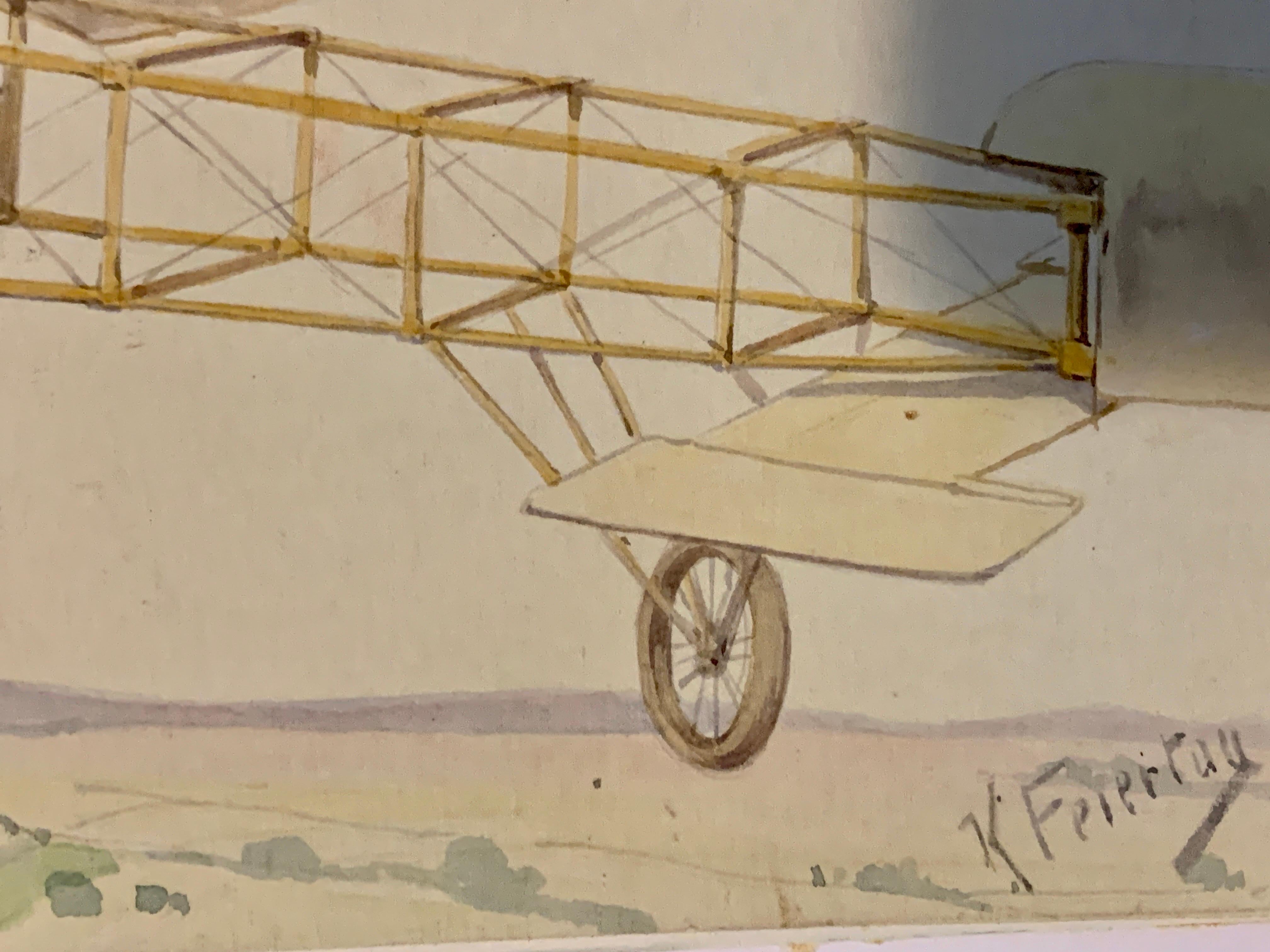 German 19th century watercolor of children flying in a plane over a landscape  - Victorian Art by Karl Feiertag