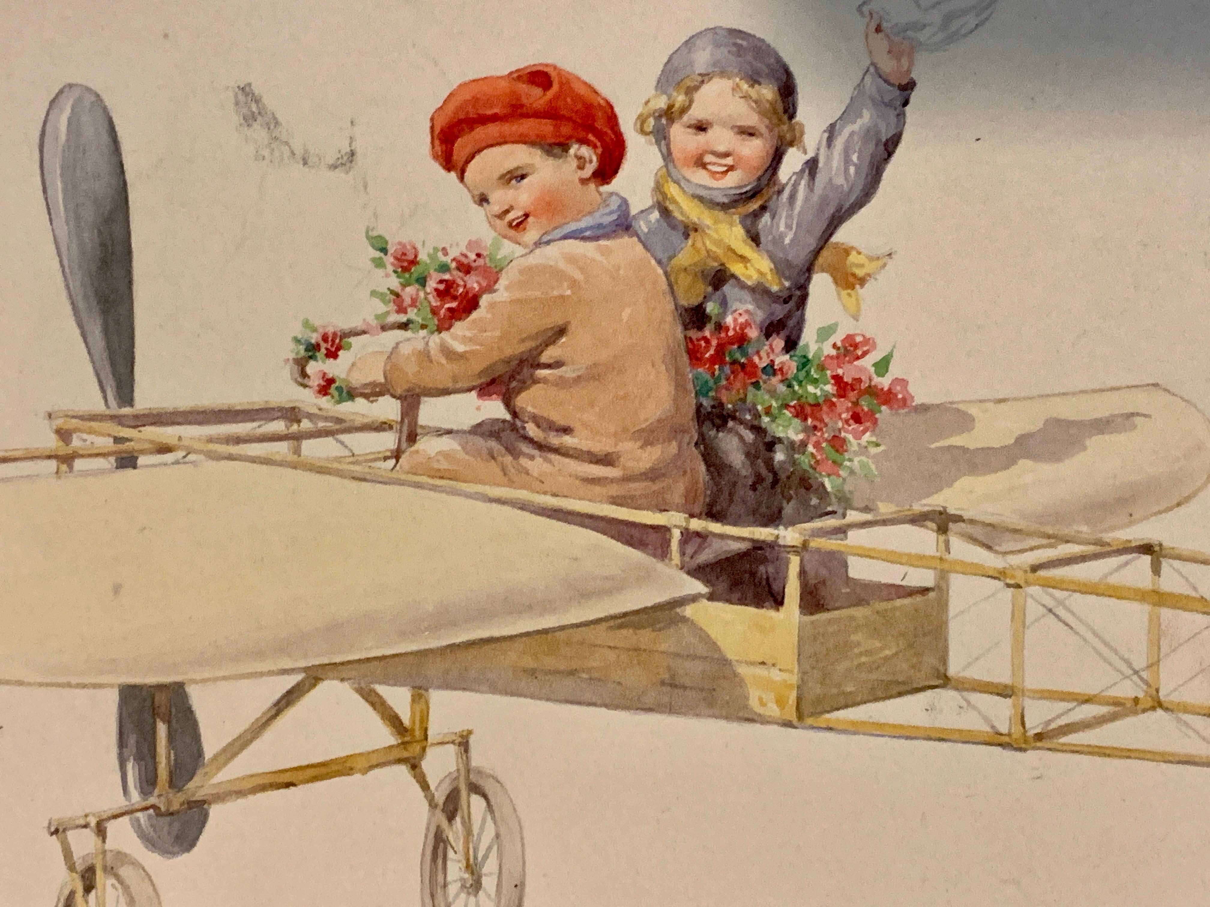 Deutsches Aquarell von Kindern, die in einem Flugzeug über einer Landschaft fliegen, aus dem 19. Jahrhundert  (Beige), Figurative Art, von Karl Feiertag