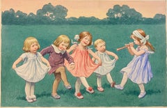 Aquarelle allemande Art Nouveau représentant des enfants dansant dans un paysage