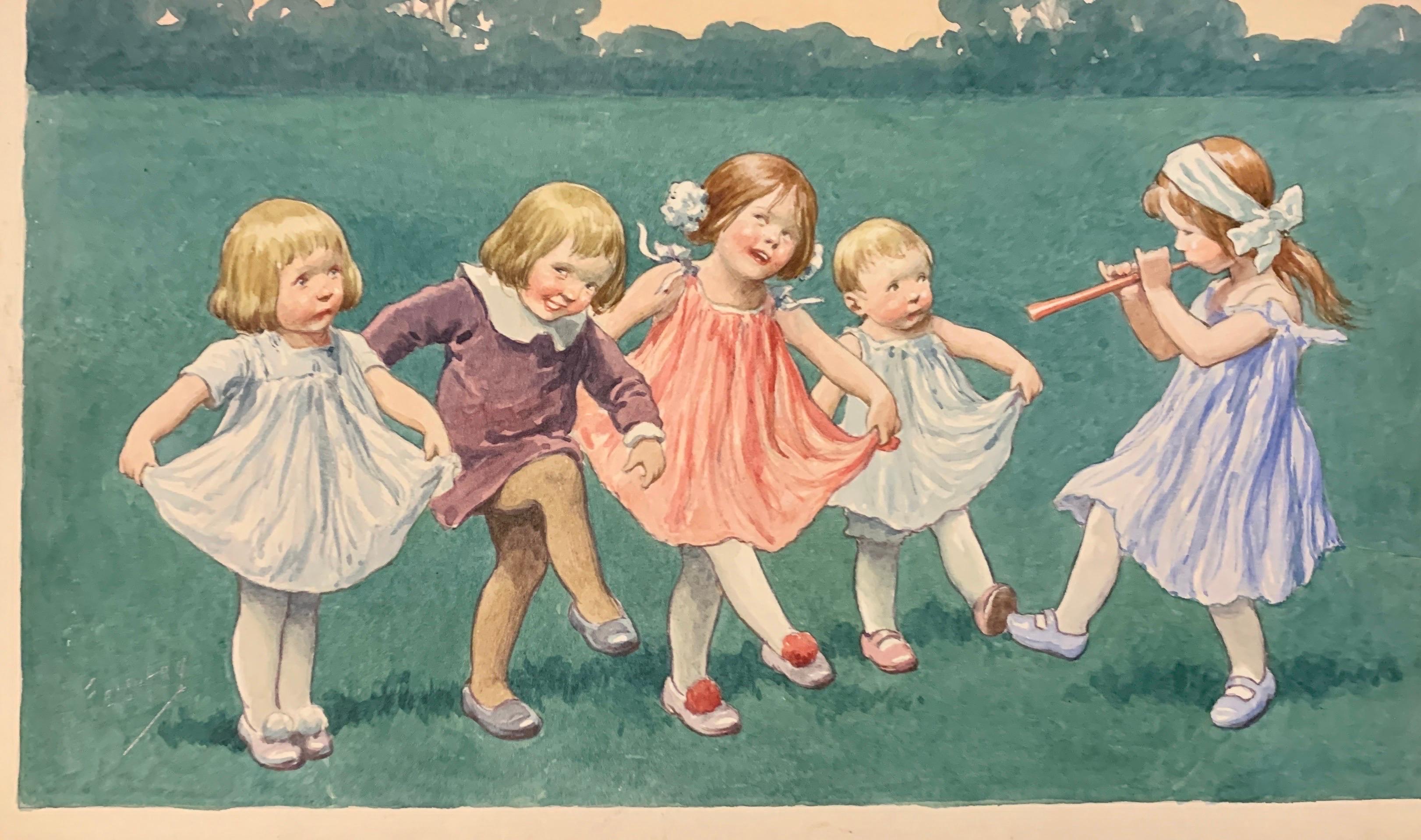 Deutsches Jugendstil-Aquarell von Kindern, die in einer Landschaft tanzen – Art von Karl Feiertag