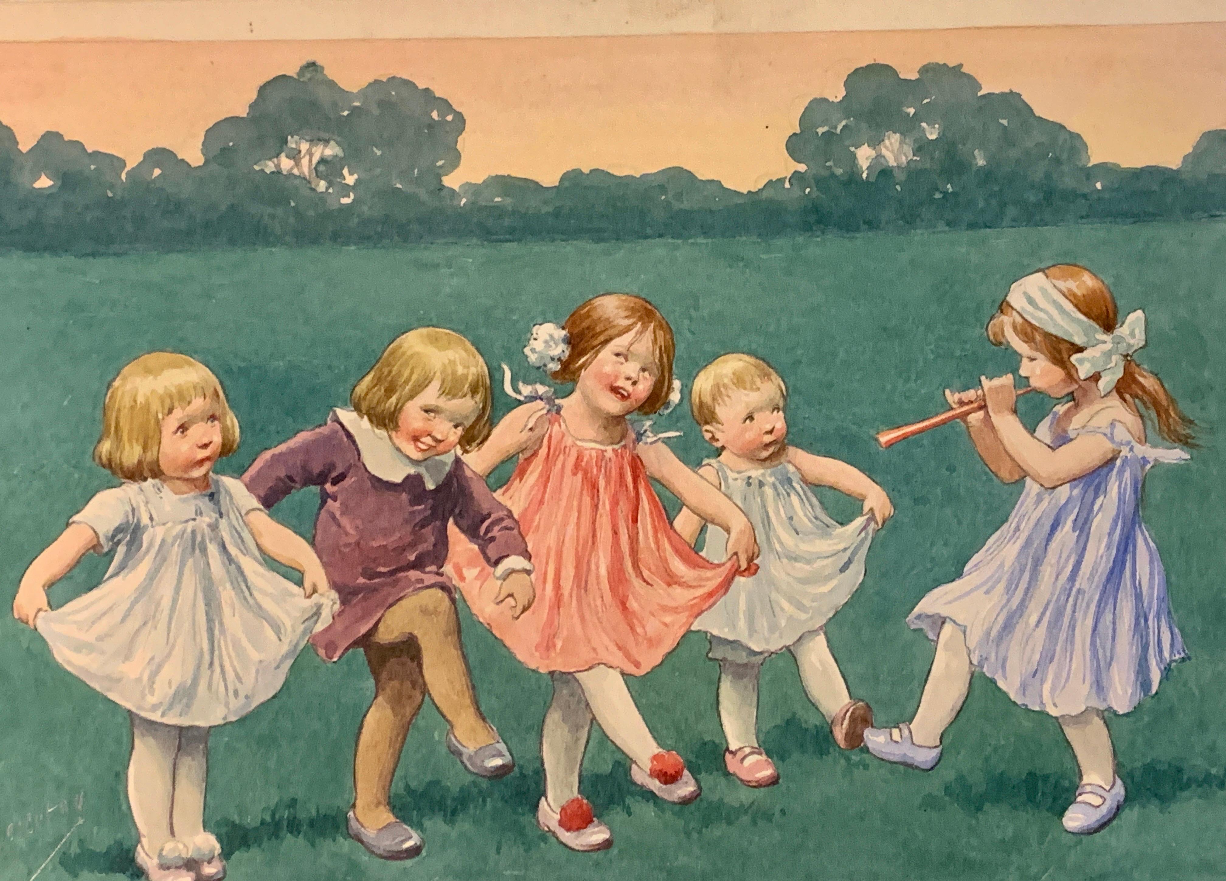 Deutsches Jugendstil-Aquarell von Kindern, die in einer Landschaft tanzen (Art nouveau), Art, von Karl Feiertag