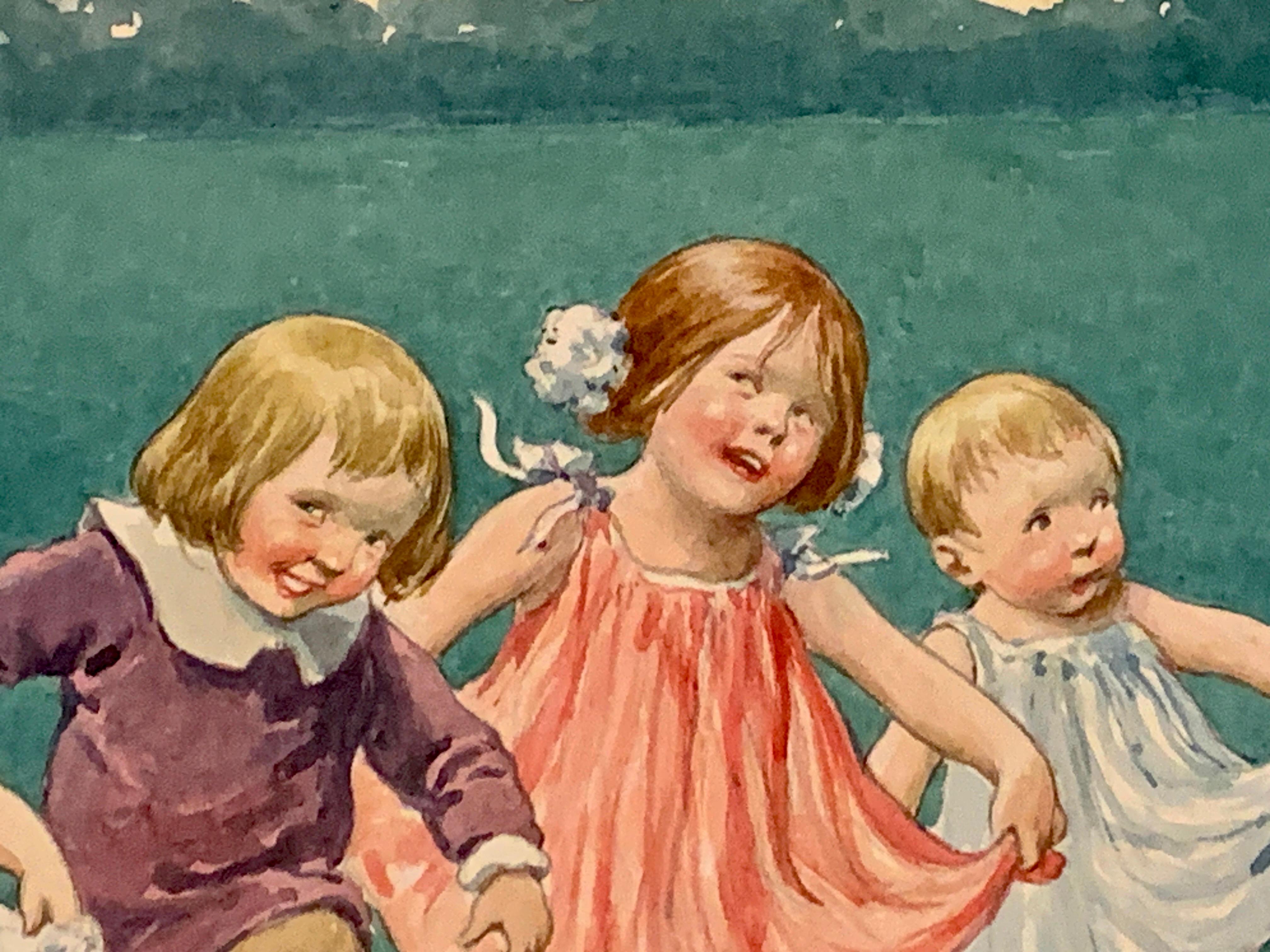 Art Nouveau German watercolor of children dancing in a landscape For Sale 1