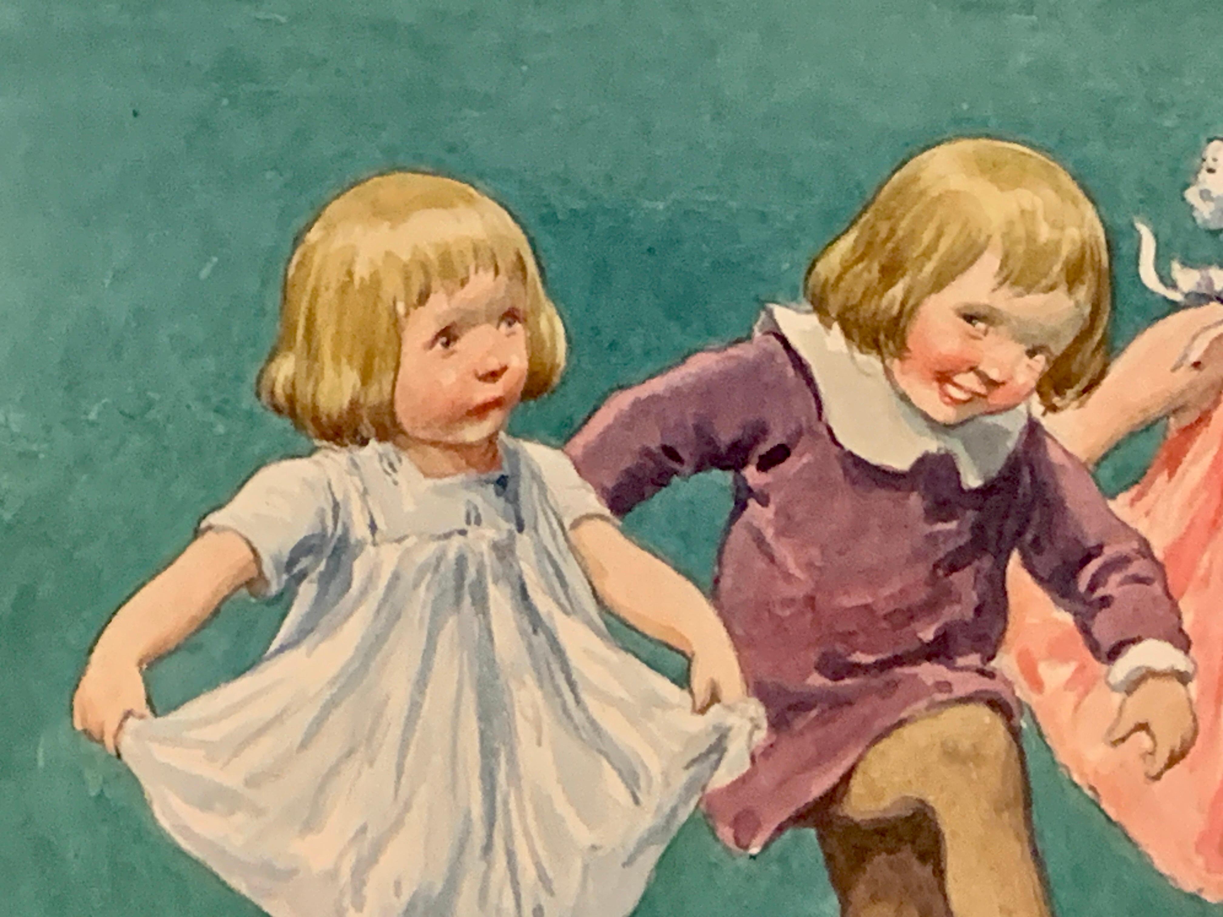 Art Nouveau German watercolor of children dancing in a landscape For Sale 2