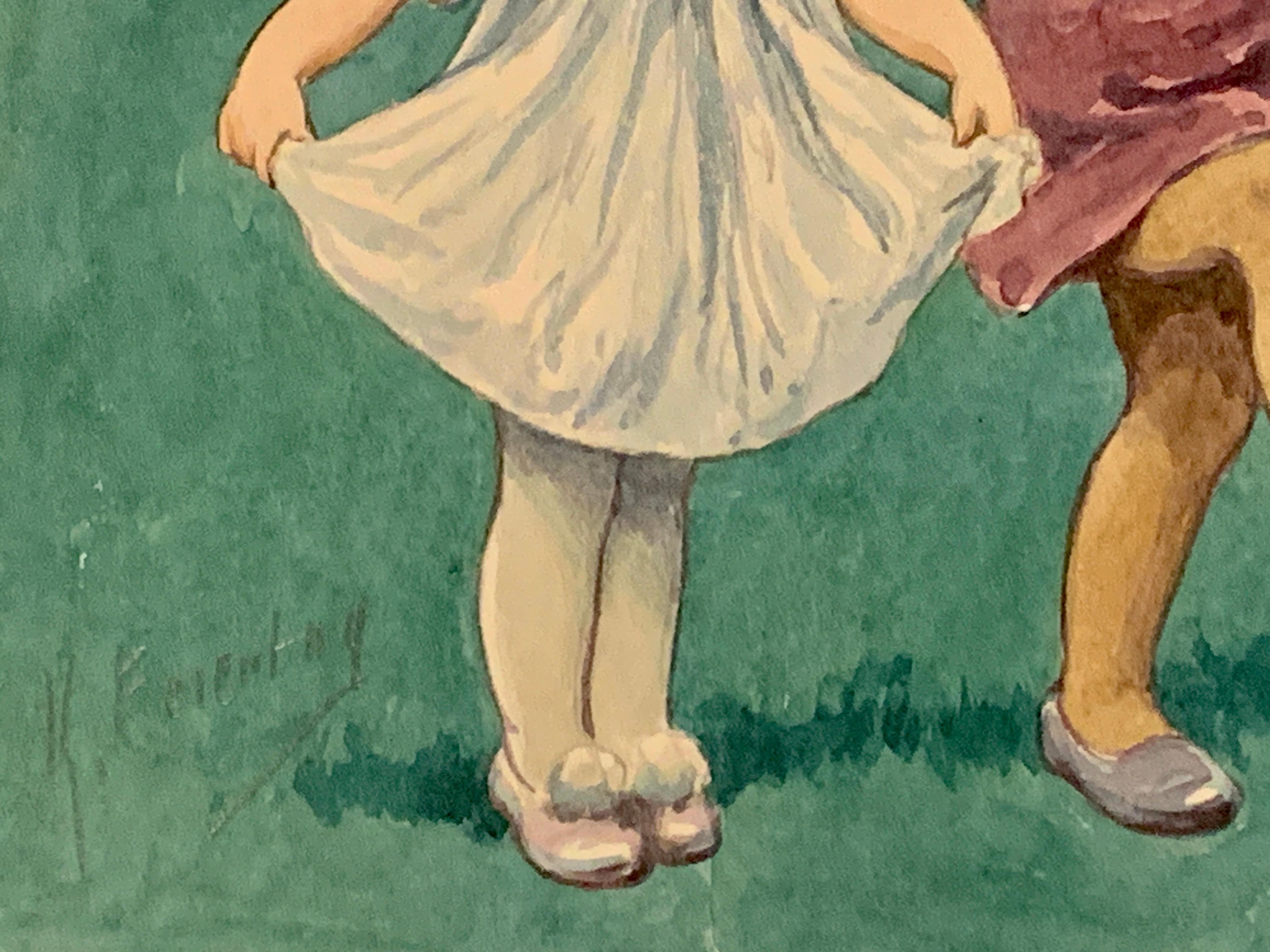 Art Nouveau German watercolor of children dancing in a landscape For Sale 4