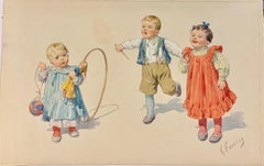 Early 20th century German watercolor of children dancing in traditional dress