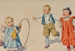 Early 20th century German watercolor of children dancing in traditional dress