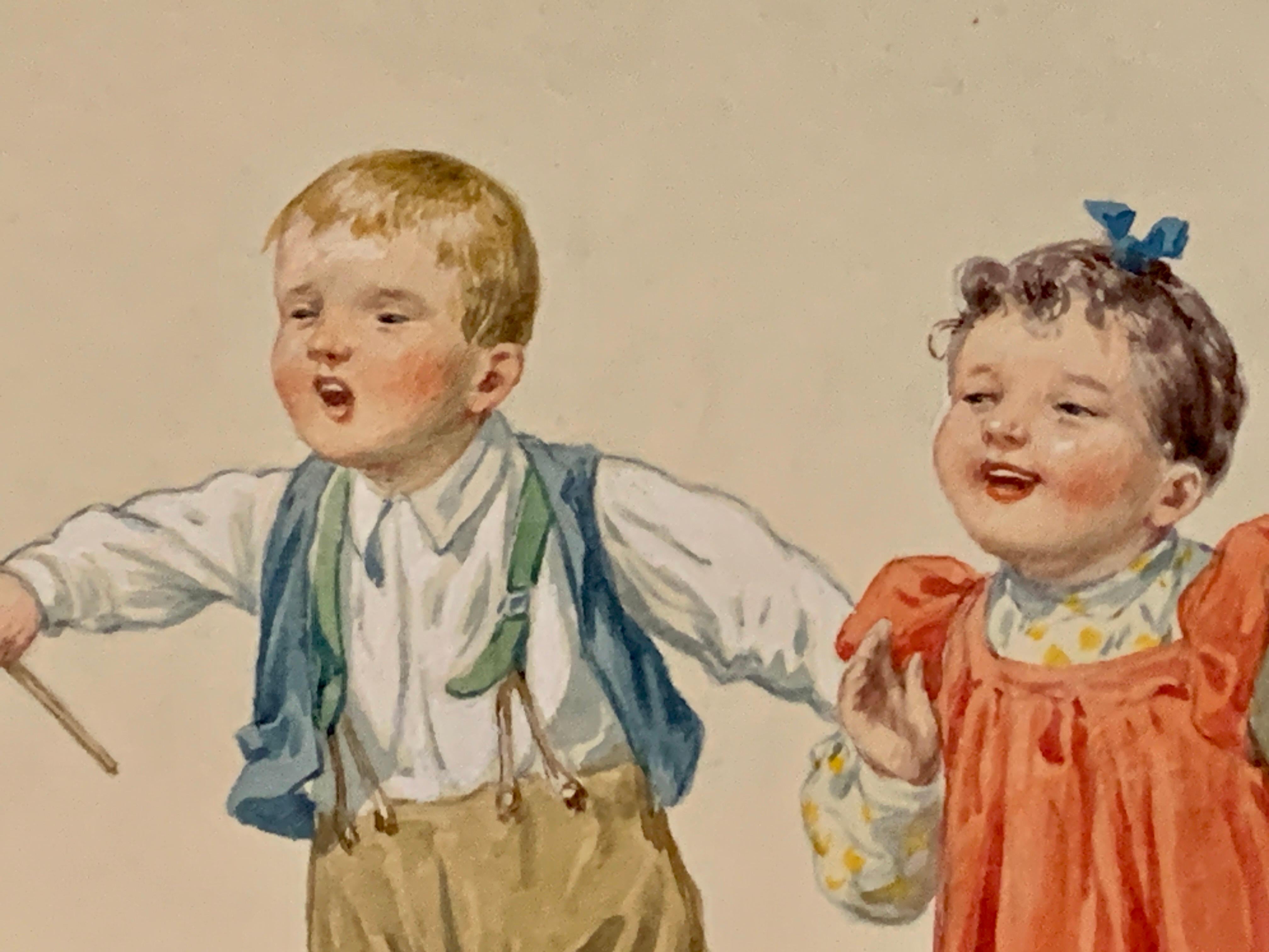 Early 20th century German watercolor of children dancing in traditional dress - Victorian Art by Karl Feiertag