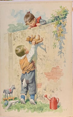 Antique Young boy giving flowers to his girlfriend, German early 20th century 