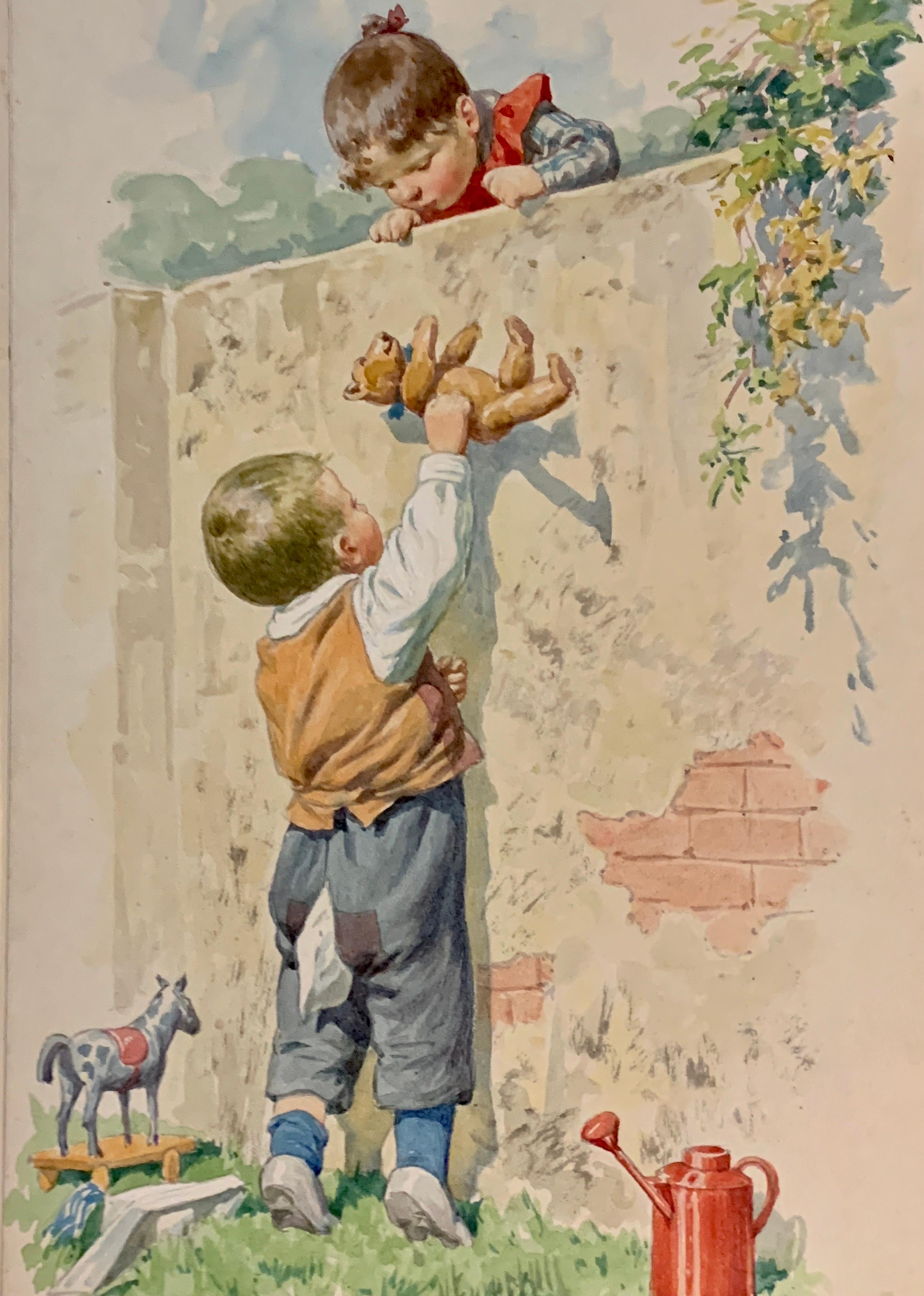 Young boy giving flowers to his girlfriend, German early 20th century  - Art by Karl Feiertag