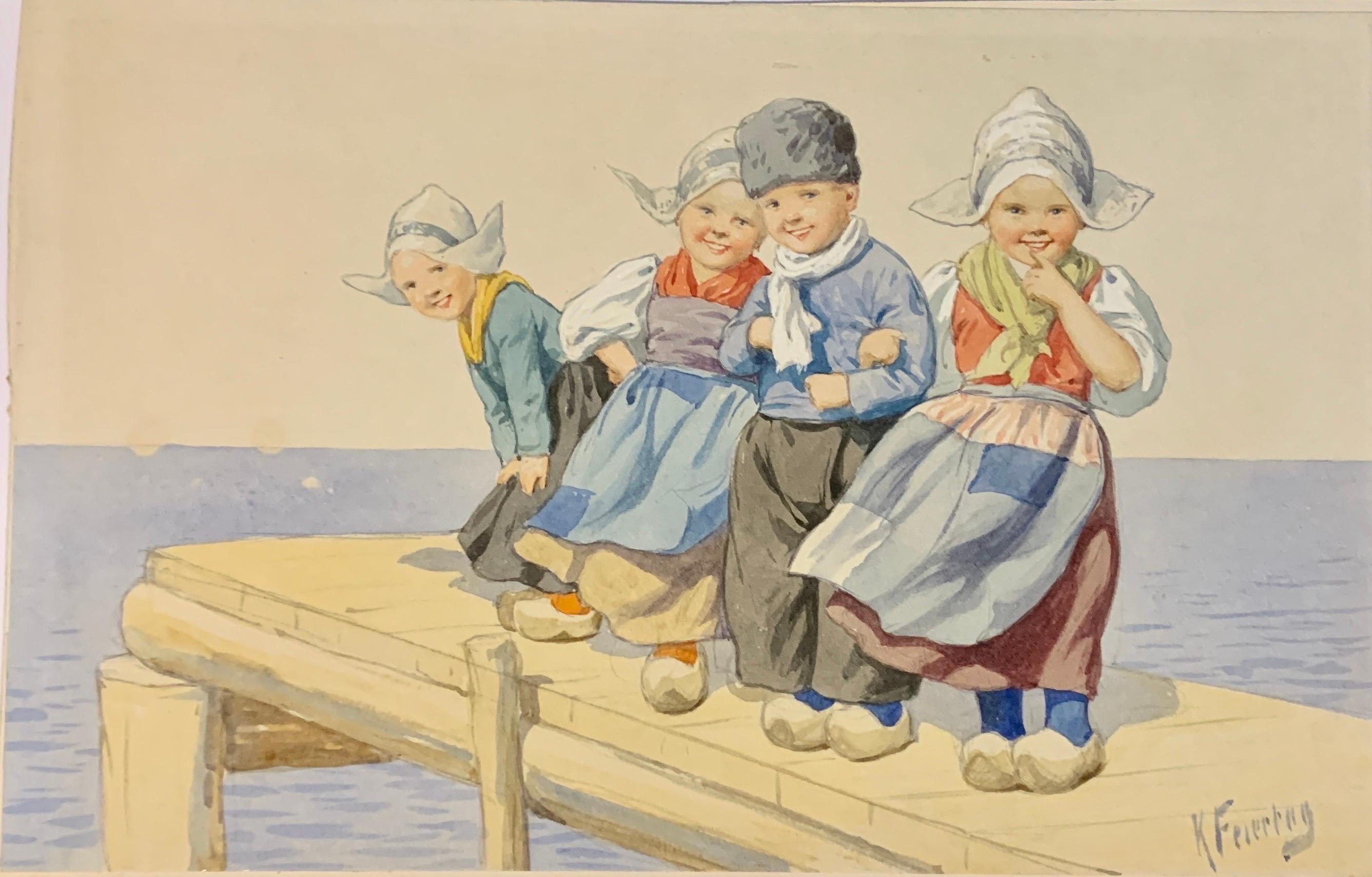 Early 20th century Dutch looking children having fun by Austrian painter - Art by Karl Feiertag