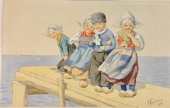 Début du 20e siècle, enfants hollandais s'amusant, par un peintre autrichien