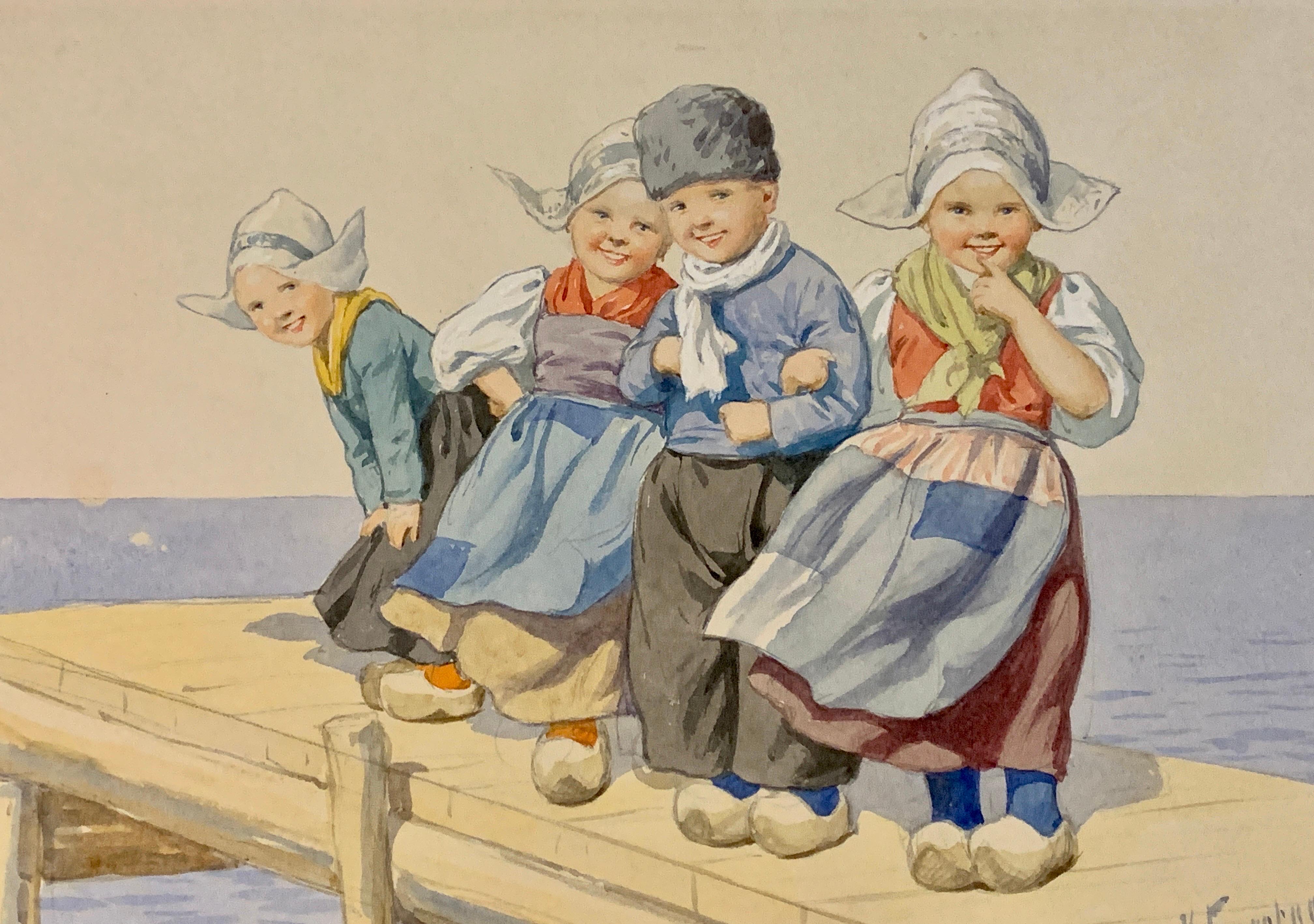 Karl Feiertag Figurative Art - Early 20th century Dutch looking children having fun by Austrian painter