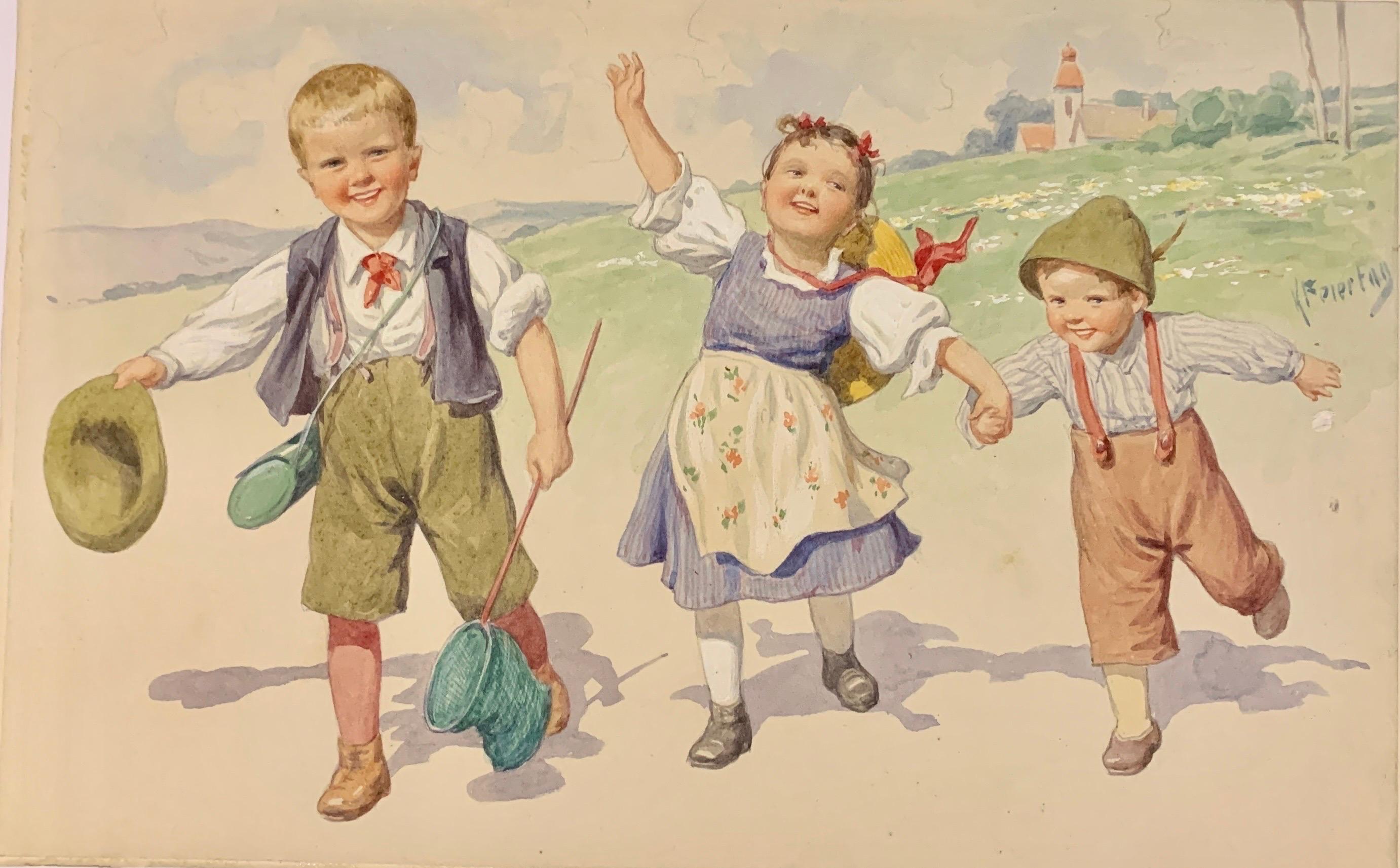 Karl Feiertag Figurative Art – Österreichisch-deutsche Kinder des frühen 20. Jahrhunderts, die gemeinsam in einer Landschaft spielen 